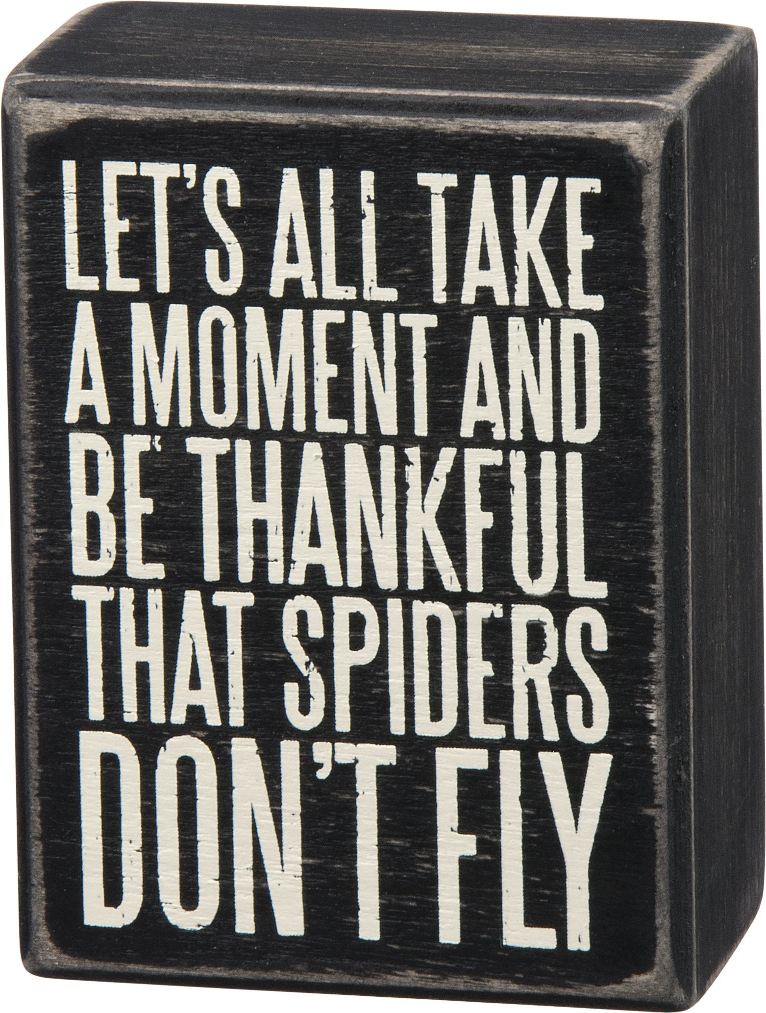 Primitives By Kathy Box Sign Lets All Take a Moment and Be Thankful That Spiders Dont Fly