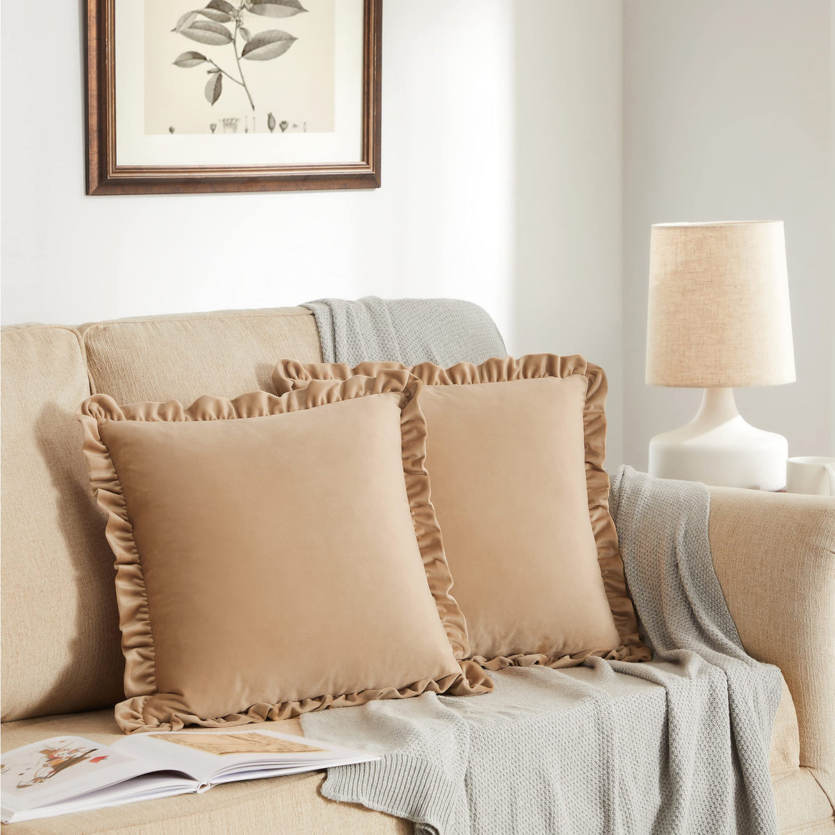 Gigizaza Sand Decorative Throw Pillow Covers, 16X16 Velvet Ruffle Cushion Beige Pillow Covers For Sofa Couch Set Of 2
