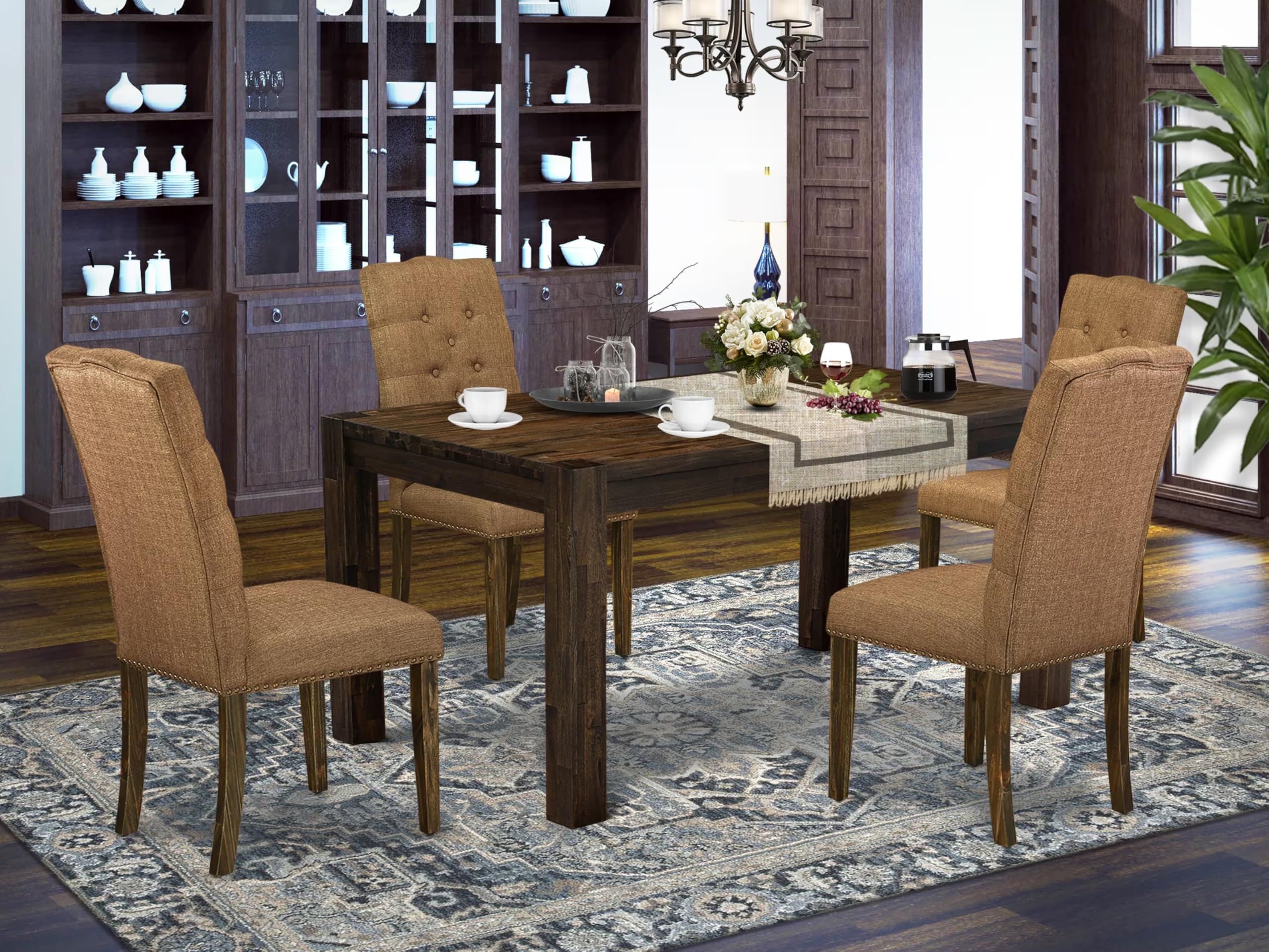 East West Furniture Cnel5-77-18 5 Piece Dining Set Includes A Rectangle Rustic Wood Dining Room Table And 4 Brown Linen Linen Fabric Upholstered Parson Chairs, 36X60 Inch, Jacobean