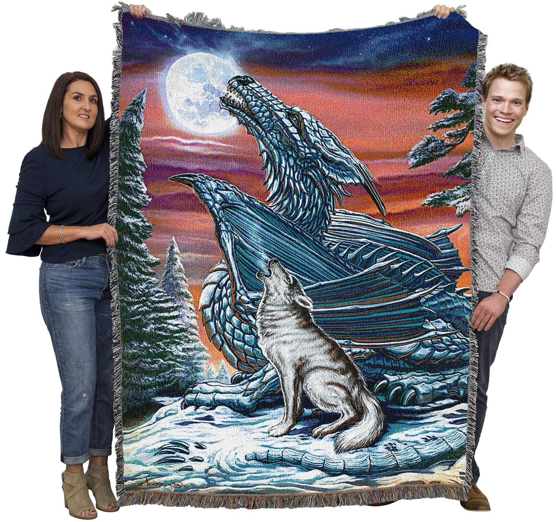 Pure Country Weavers Moonsong Wolf And Dragon Blanket By Ed Beard Jr - Gift Fantasy Tapestry Throw Woven From Cotton - Made In T