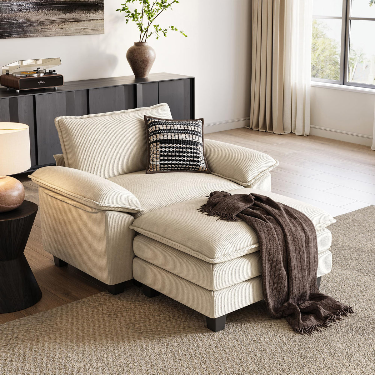 Linsy Home Sofa Chair With Movable Ottoman - Corduroy Cloud Couch Chair Soft Comfy Modern Sofa Chaise Set Single Sleeper Chair B