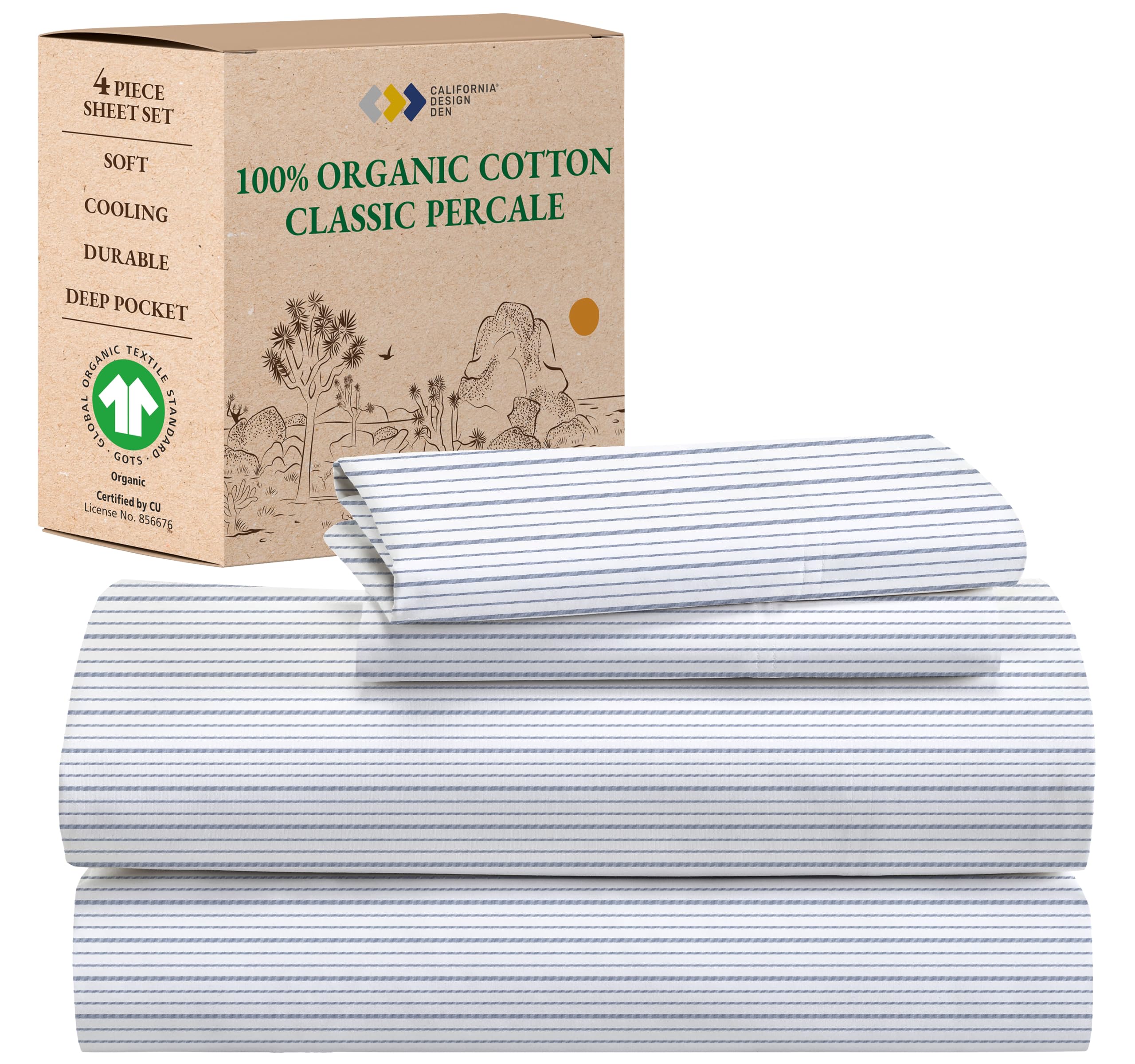 California Design Den Stripe Sheets Queen, 100% Organic Cotton Percale Sheets, Deep Pocket Queen Sheets & Pillowcase Set - Blue Stripe