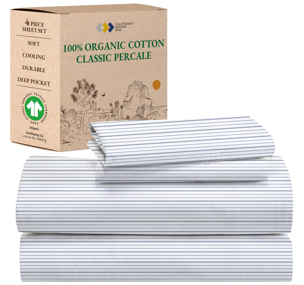 California Design Den Full Sheet Set Stripe, 100% Organic Cotton Percale Sheets, Deep Pocket Full Sheets & Pillowcase Set - Blue Stripe