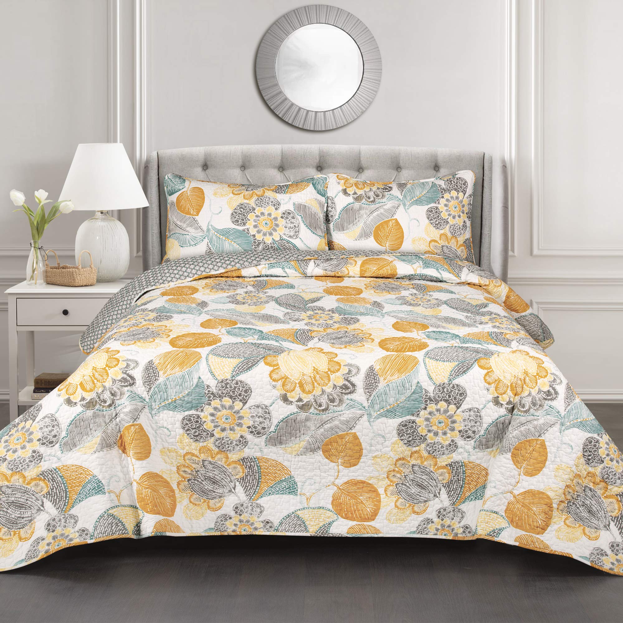 Lush Decor King Yellow & Gray Layla Quilt Floral Leaf Print 3 Piece Reversible Bedding Set