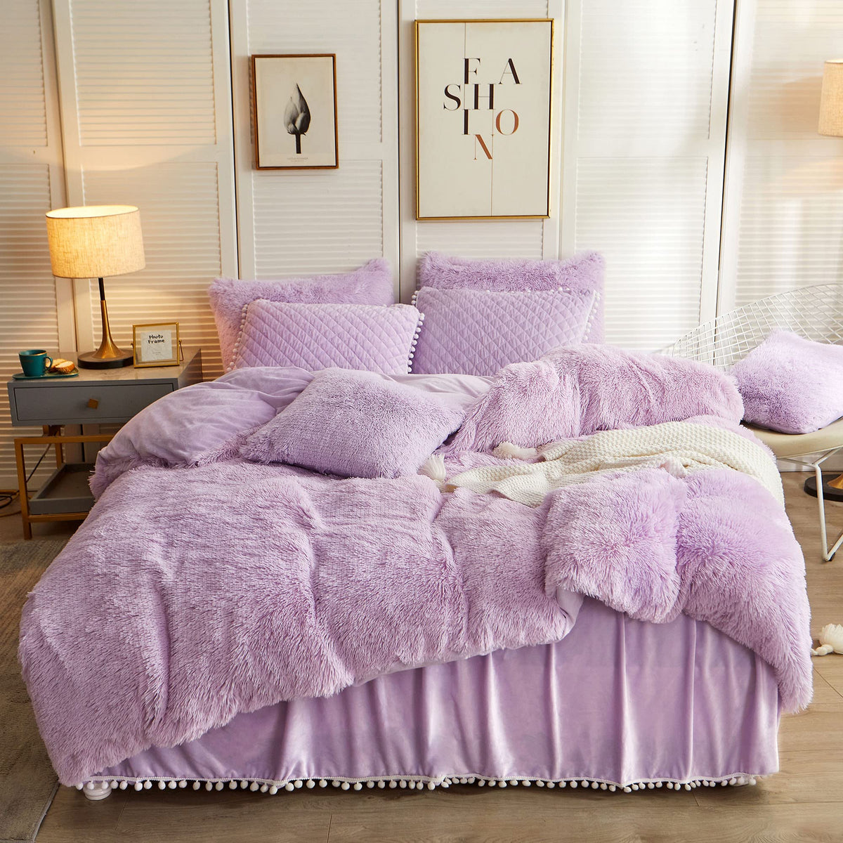Liferevo Luxury Plush Shaggy Duvet Cover Set, Soft Velvet Fluffy Furry Duvet Cover Set(1 Lavender Faux Fur Fuzzy Comforter Cover