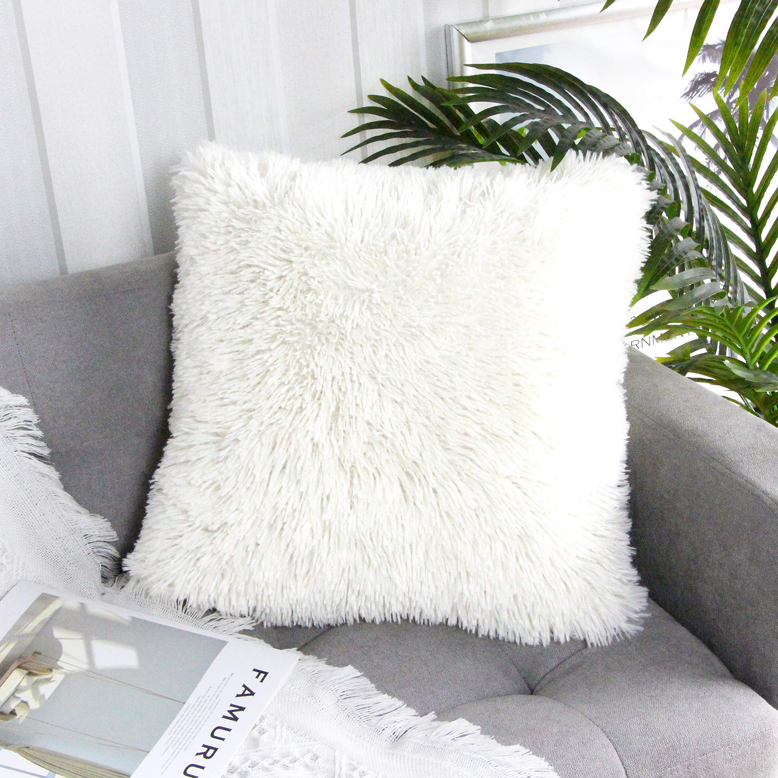 Uhomy 1 Pack White Fluffy Plush Pillow Cover 20 'X20 ', Fall Winter Home Decorative Luxury White Faux Fur Throw Pillow Case Sq