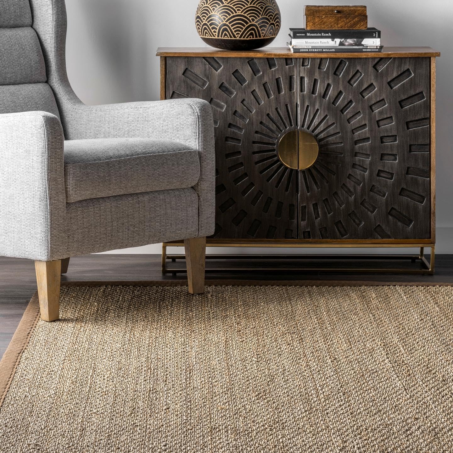 Nuloom 4X6 Elijah Seagrass Area Rug, Brown, Solid Farmhouse Style, Cotton Bordered, Basketweave, Natural Fiber, For Bedroom, Din