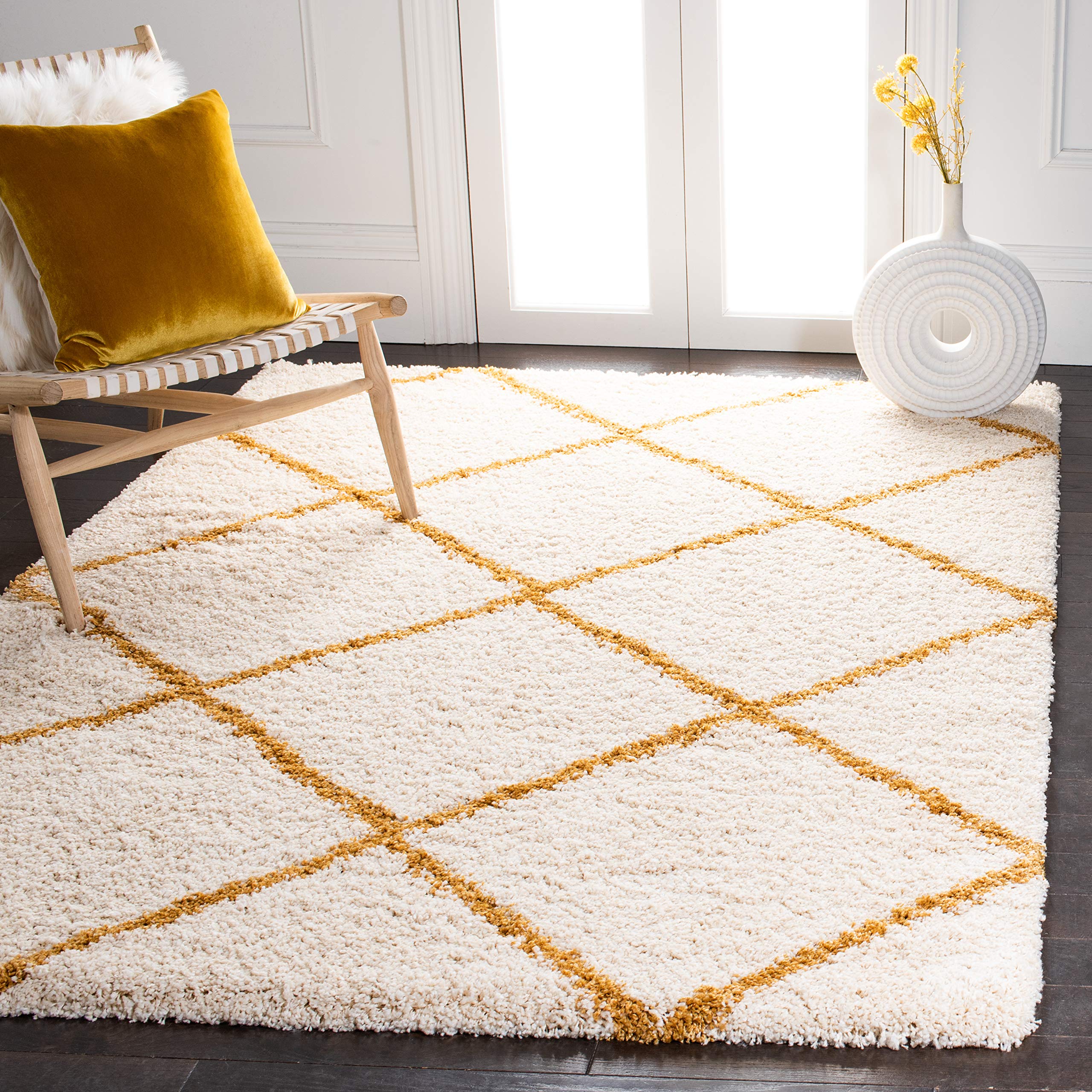 SAFAVIEH Hudson Shag Collection Area Rug - 4 Square, Ivory & Gold, Modern Trellis Design, Non-Shedding & Easy Care, 2-inch Thic