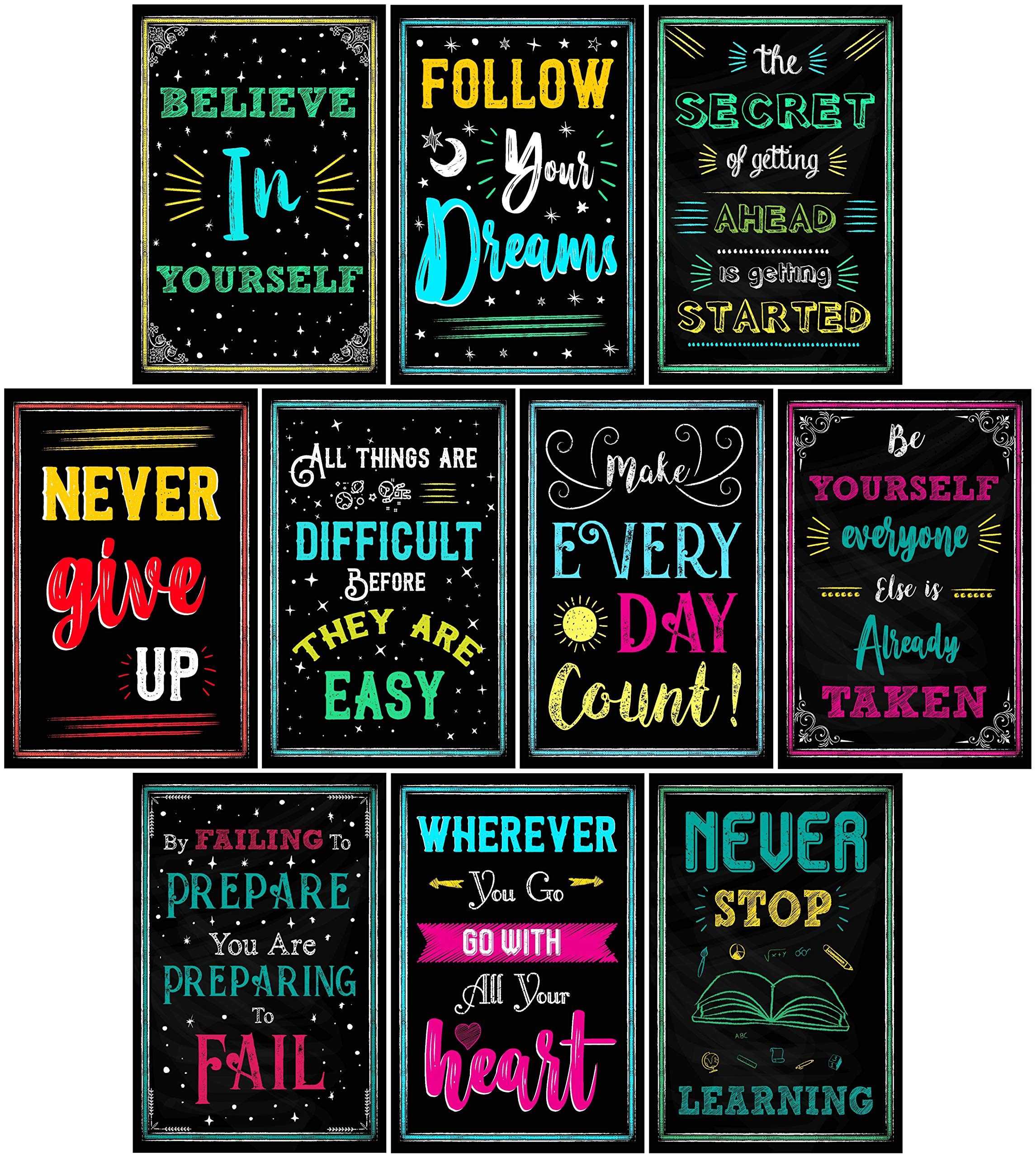 L&O Goods Black Chalkboard Motivational Wall Decor Posters | Set Of 10 Inspirational Prints For Living Room, Office, Bedroom, An