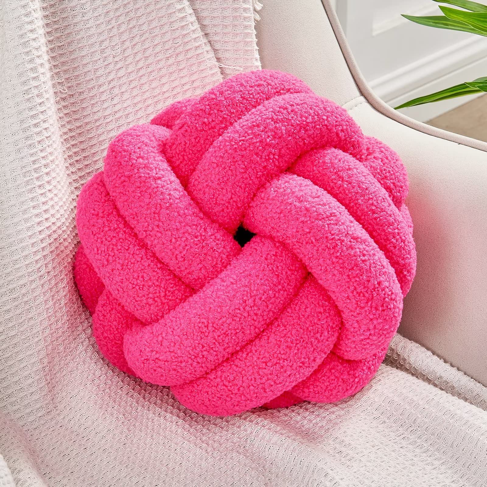Uvvyui Knot Pillow Ball, Soft Hot Pink Home Decor Knotted Pillows, Handmade Round Plush Throw Pillow, Aesthetic & Cute Large Dec