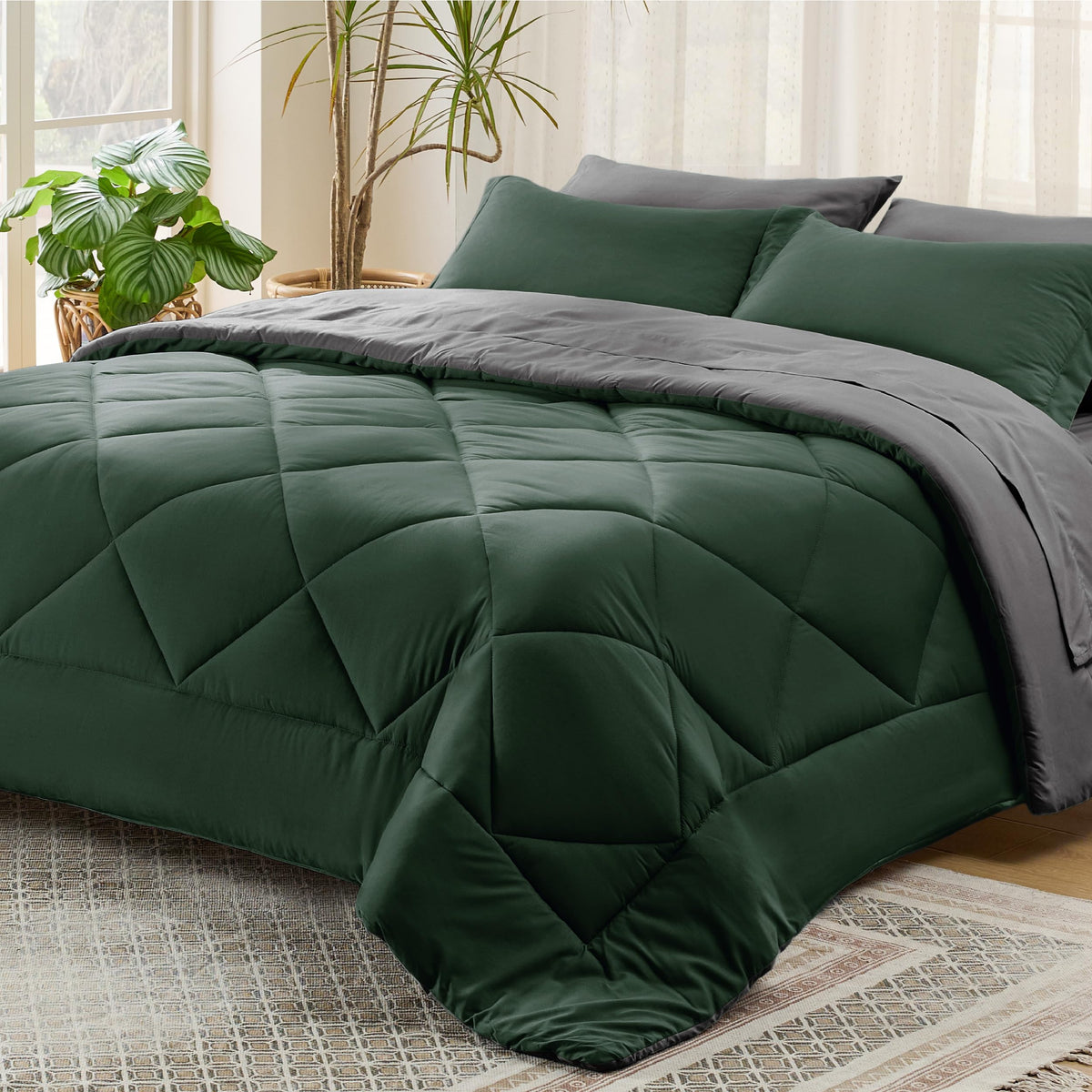 Bedsure Forest Green Queen Comforter Set - 7 Pieces Reversible Queen Bed In A Bag, Queen Bed Set Forest Green And Grey With Comf