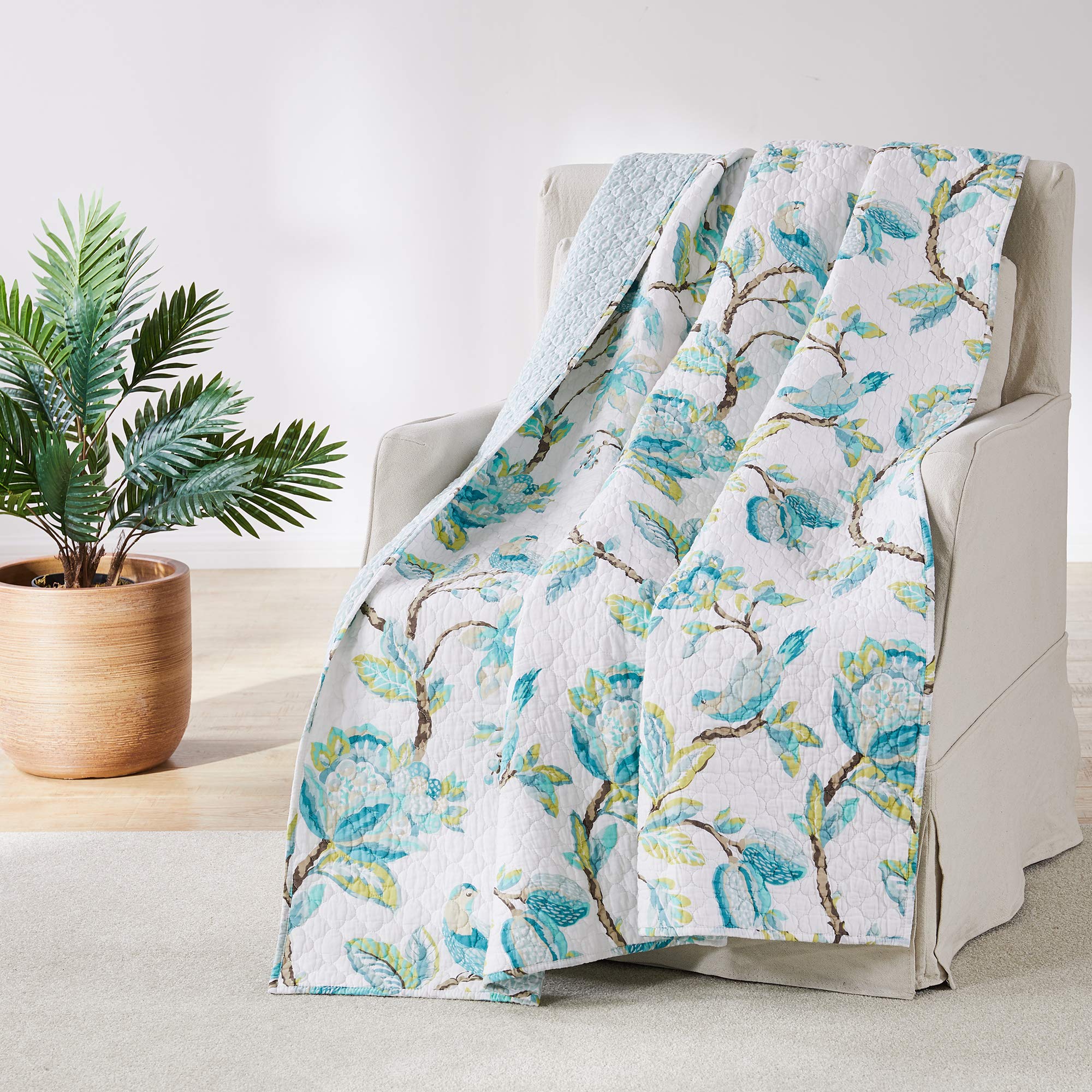 Levtex Home - Cressida - Quilted Throw - 50X60In. - Teal Blue Cream Taupe Brown - Reversible Pattern - Cotton Fabric