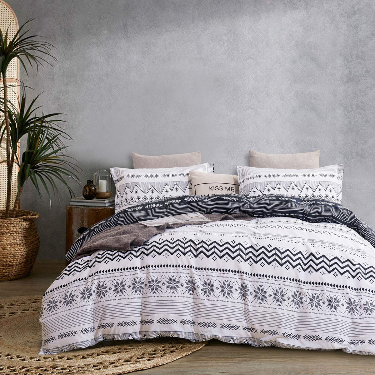 Jucfhy Cotton Duvet Cover King,600 Thread Count Cotton 3Pcs King Duvet Cover Set Snowflake Reversible Navy Blue Geometric Printe
