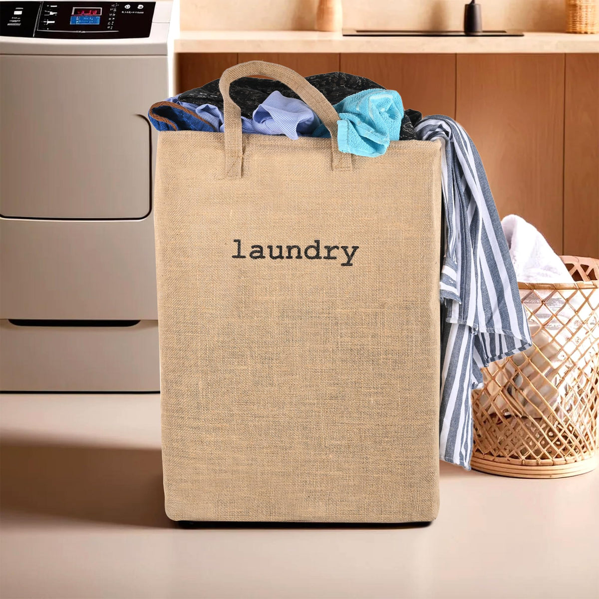 Kuber Industries 55 LTR Jute Fabric Clothes Basket for Washing Cloth | Dirty Clothes Bag | Square Foldable Laundry Bag (Small) S