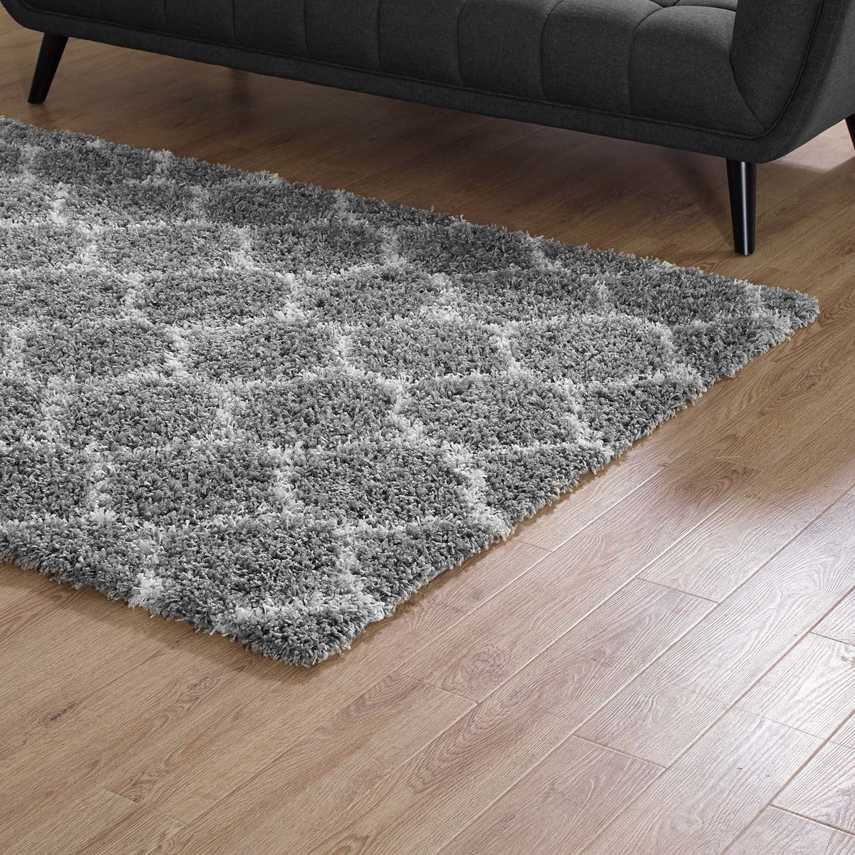 Modway Solvea Moroccan Trellis High Pile Shag 5X8 Area Rug With Lattice Design In Gray And Ivory