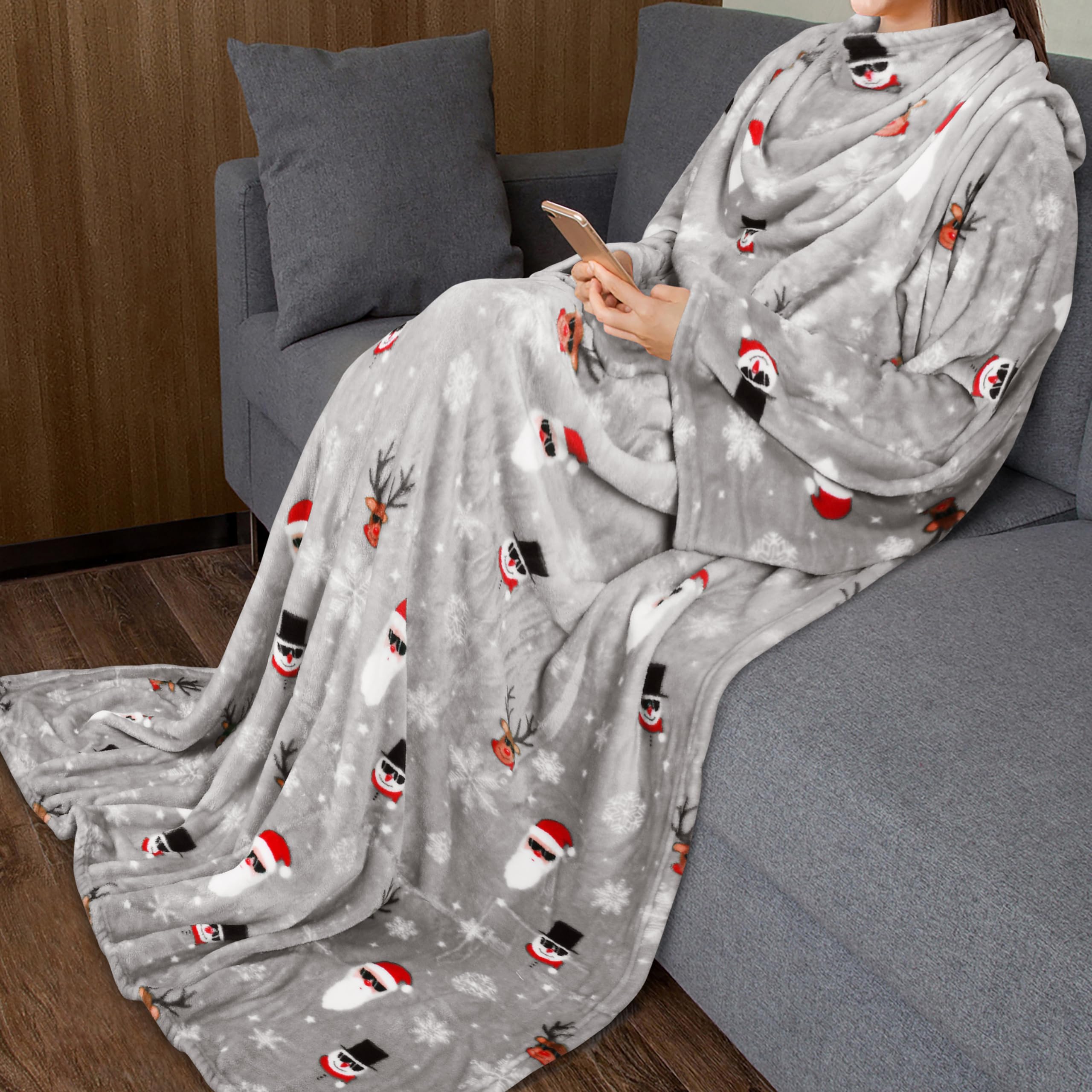 Catalonia Wearable Blanket With Sleeves And Pocket, Cozy Soft Fleece Mink Micro Plush Wrap Throws Blanket Robe For Women And Men, Ugly Christmas