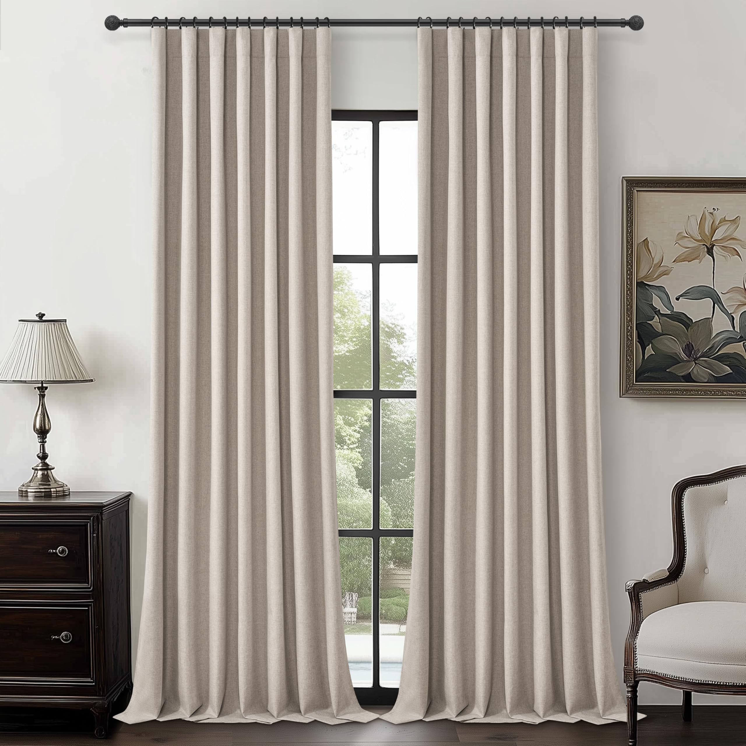 Grey Flax Extra Long Curtains 120 inch Length 2 Panels Set, Hook Belt&Rod Pocket White Backing Beige Taupe Thermal Living Room/B