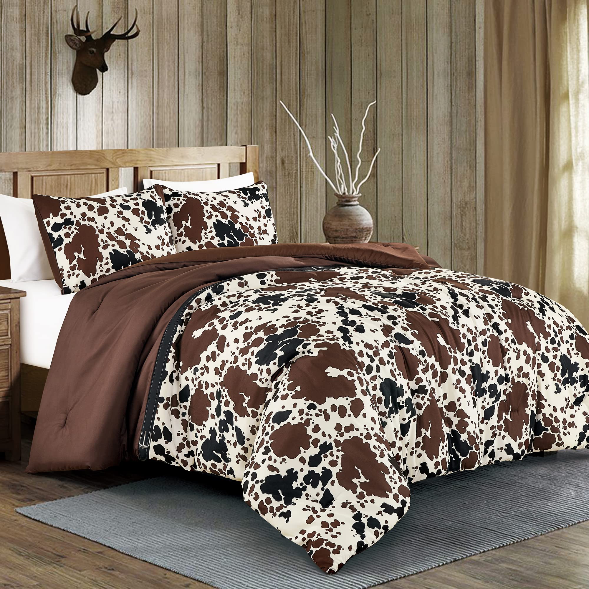 Cow Print Bedding Queen Size Western Theme Cowboy Comforter Set Milk Cow Print Brown Black Cream Color Ranch Farmhouse Rustic Lo