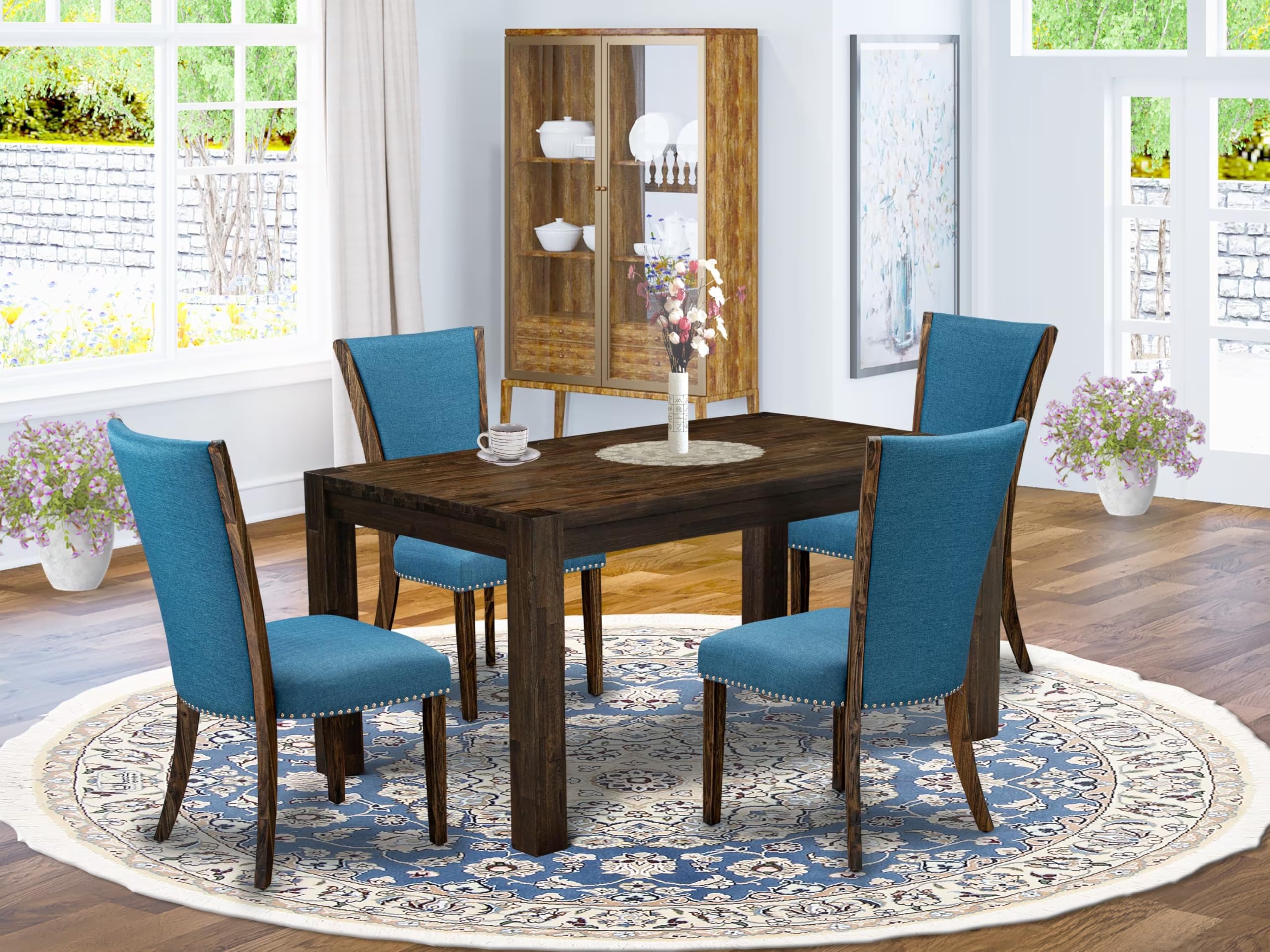 East West Furniture Cnve5-77-21 5 Piece Dining Table Set Includes A Rectangle Rustic Wood Dining Room Table And 4 Blue Color Linen Fabric Parsons Chairs, 36X60 Inch, Jacobean