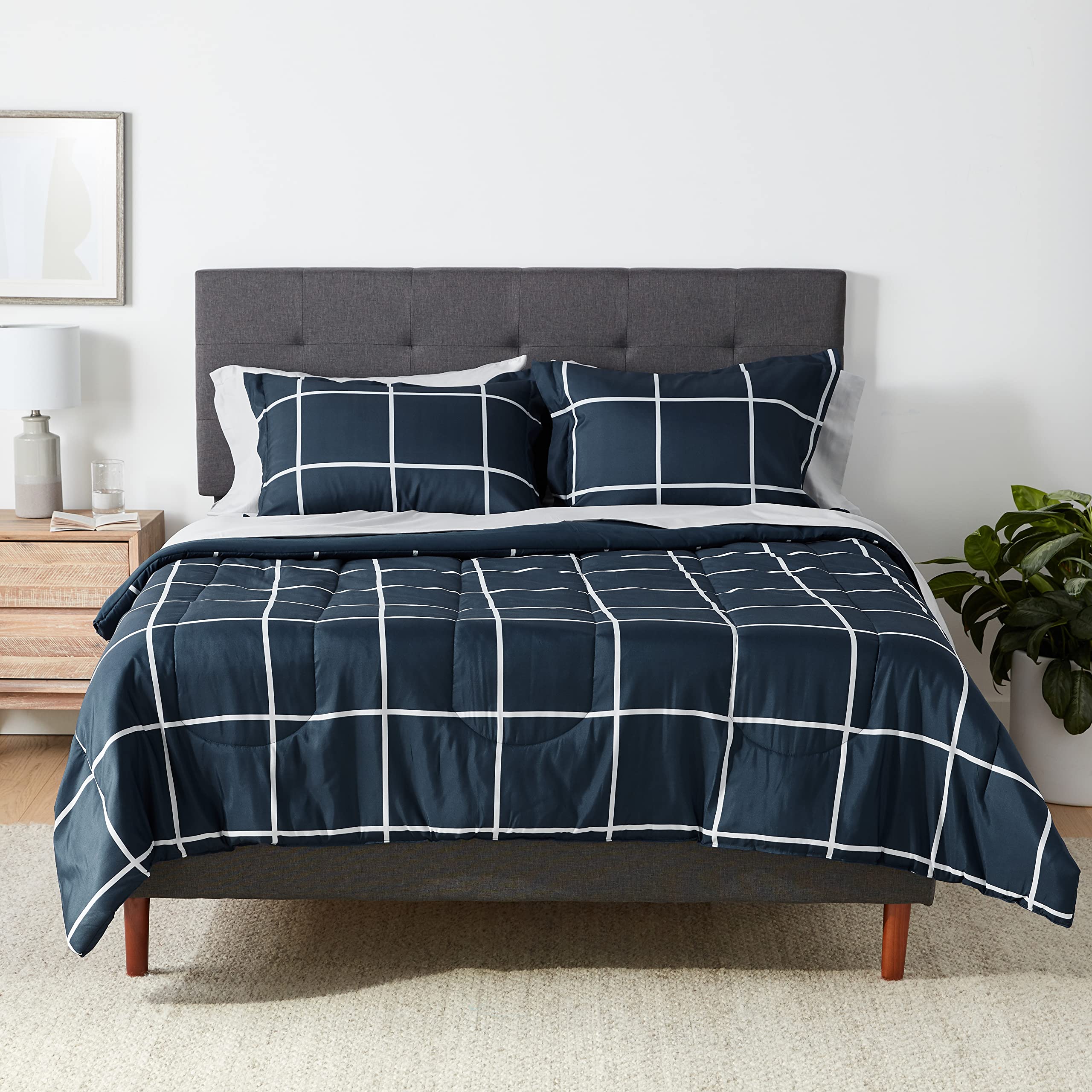 Amazon Basics Full/Queen Comforter Set with Sheets, 5-Piece Navy with Grey Plaid Bedding, Lightweight Microfiber Bed-in-a-Bag