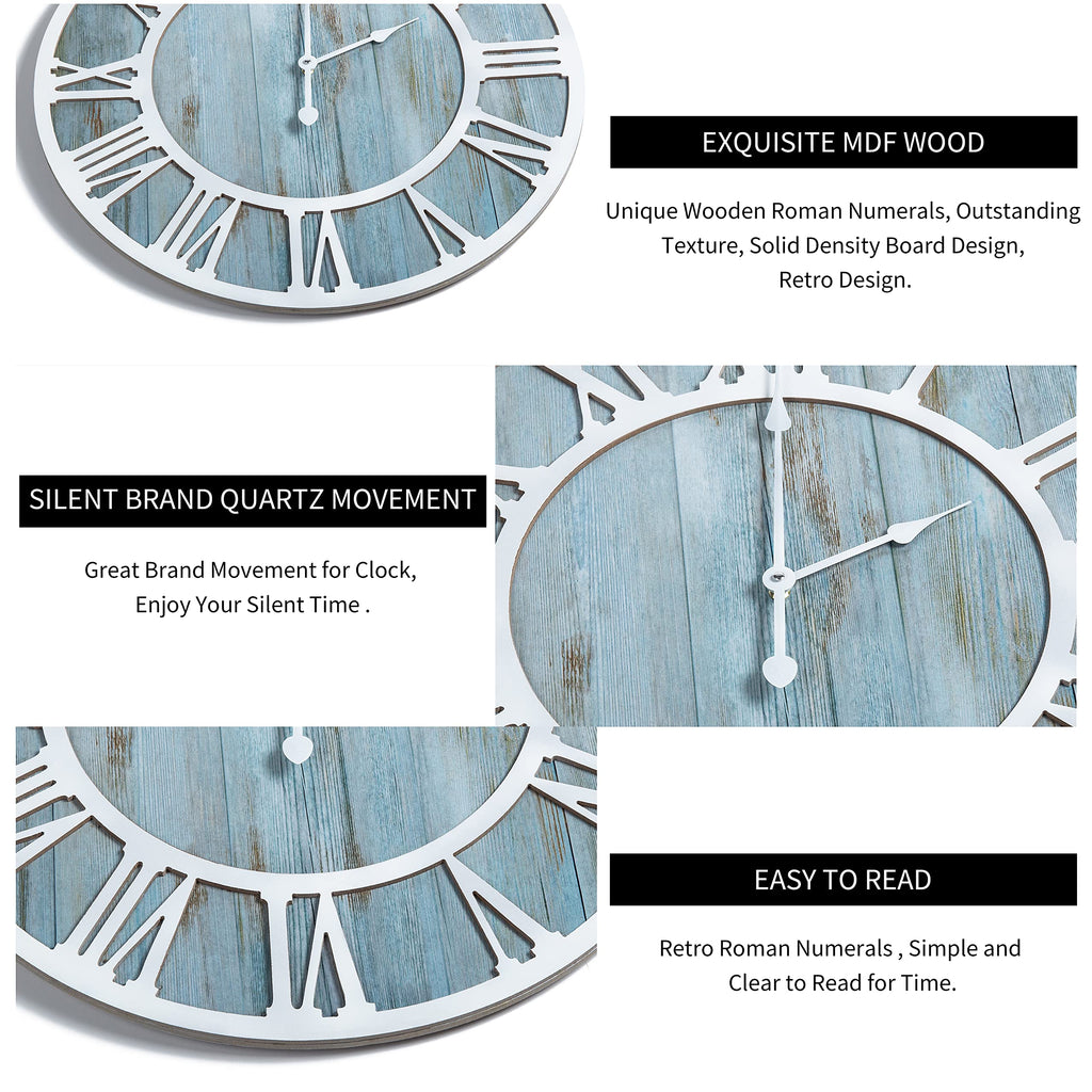 1St Owned Wall Clock For Home Decor - 16 Inch Blue Wood Wall Clocks Battery Operated Silent Non Ticking Simple Minimalist Roman