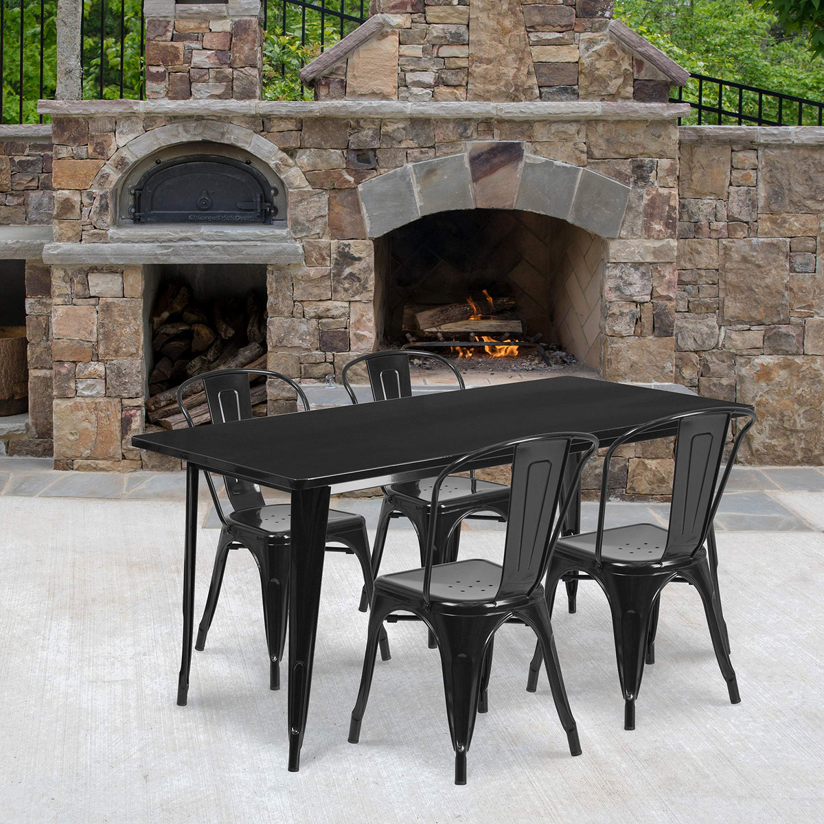 Flash Furniture Commercial Grade 31.5&quot; x 63&quot; Rectangular Black Metal Indoor-Outdoor Table Set with 4 Stack Chairs