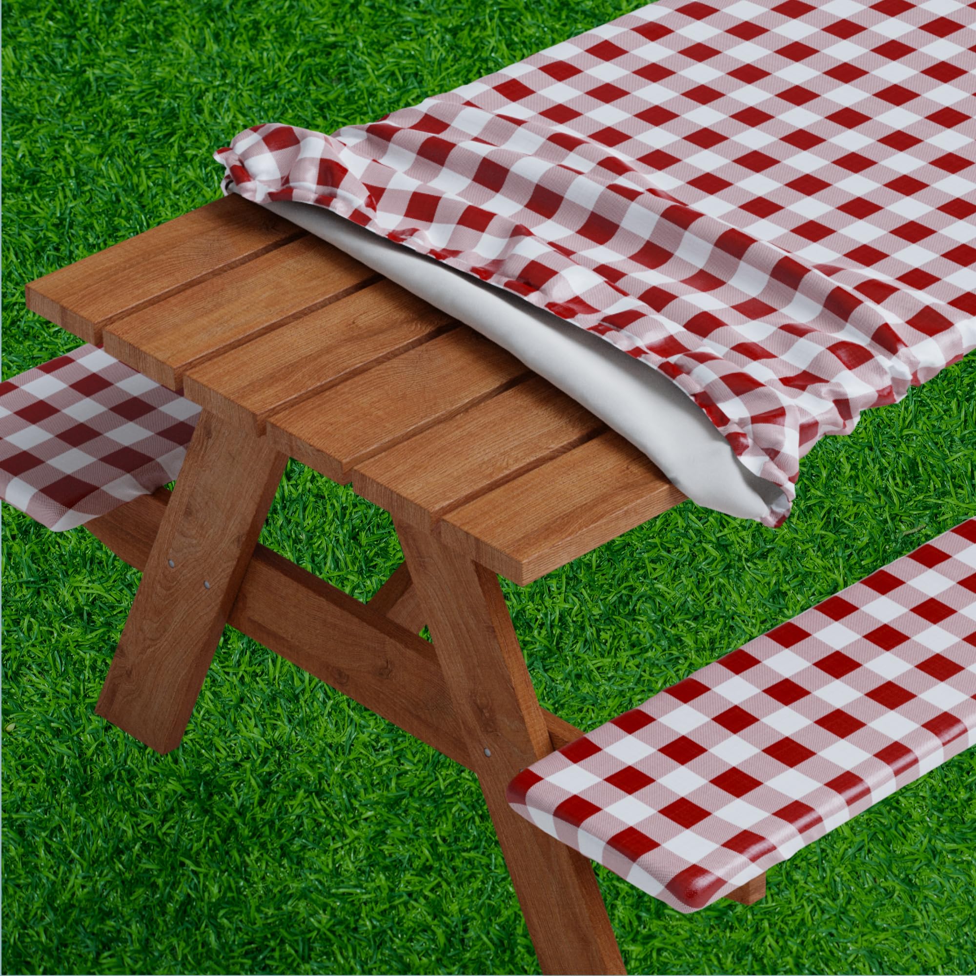 Sorfey Picnic Table Cover With Bench Covers -Fitted With Elastic, Vinyl With Flannel Back, Fits For Table 30'X 60' Rectangle,W