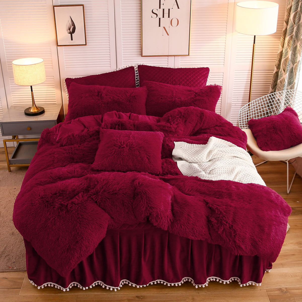 Liferevo Luxury Plush Shaggy Duvet Cover Set, Soft Fluffy Furry Duvet Cover Set(1 Fuzzy Faux Fur Comforter Cover+1 Pompoms Pillo
