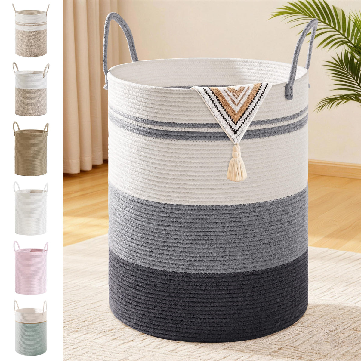 100L Extra Large Tall Cotton Rope Laundry Basket with Handles, Grey Striped