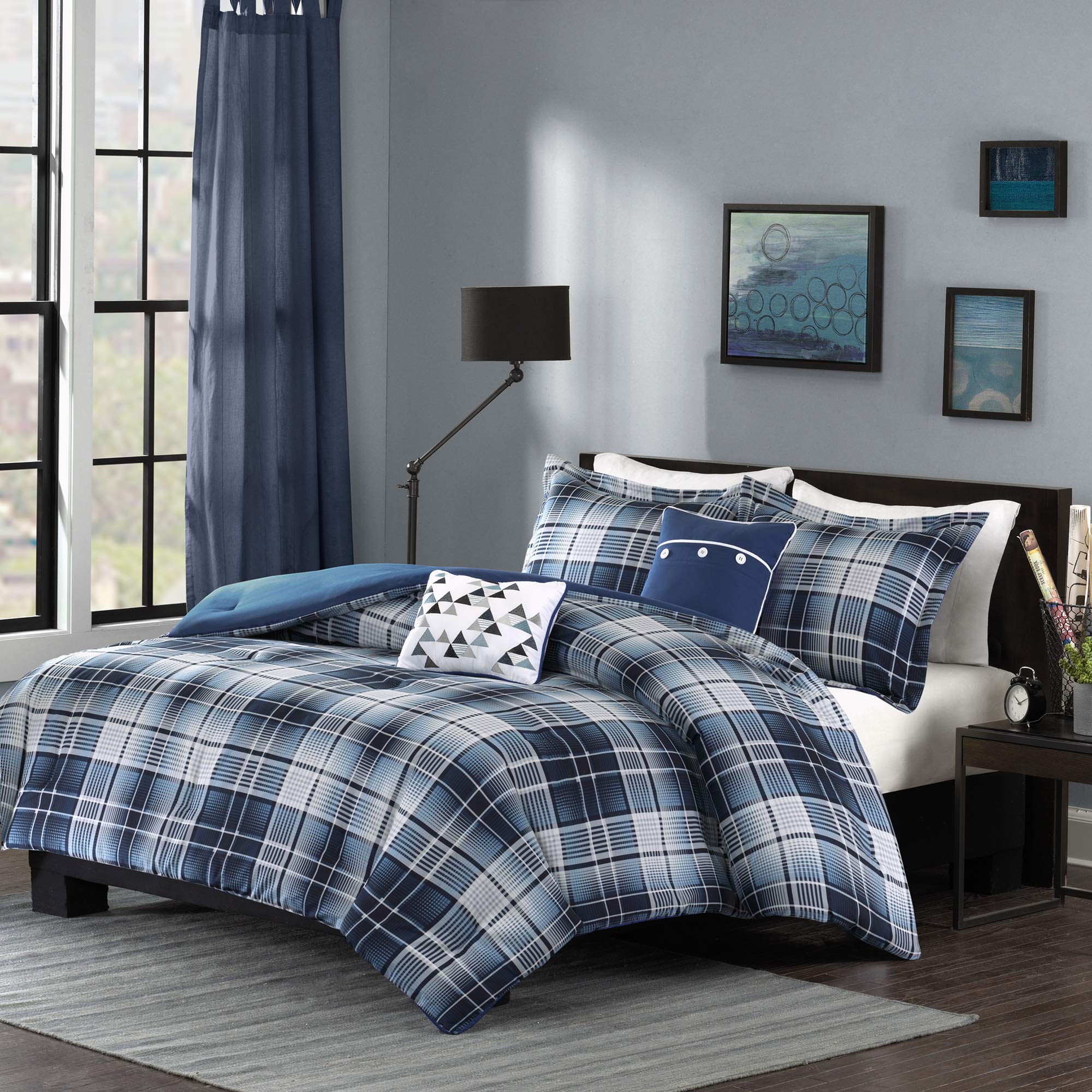 Intelligent Design Camilo Cozy Comforter Casual Cabin Lodge Plaid Design, All Season, Hypoallergenic Cover, Soft Bedding Set With Matching Sham, Decorative Pillow, Blue Twin/Twin X-Large