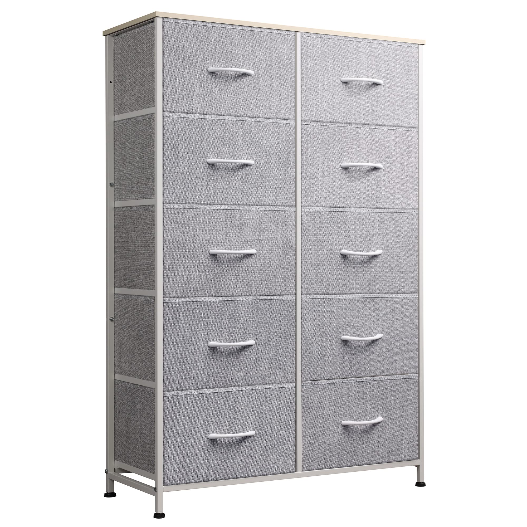 Wlive 10-Drawer Dresser, Fabric Storage Tower For Bedroom, Hallway, Nursery, Closets, Tall Chest Organizer Unit With Textured Print Fabric Bins, Steel Frame, Wood Top, Easy Pull Handle, Light Grey