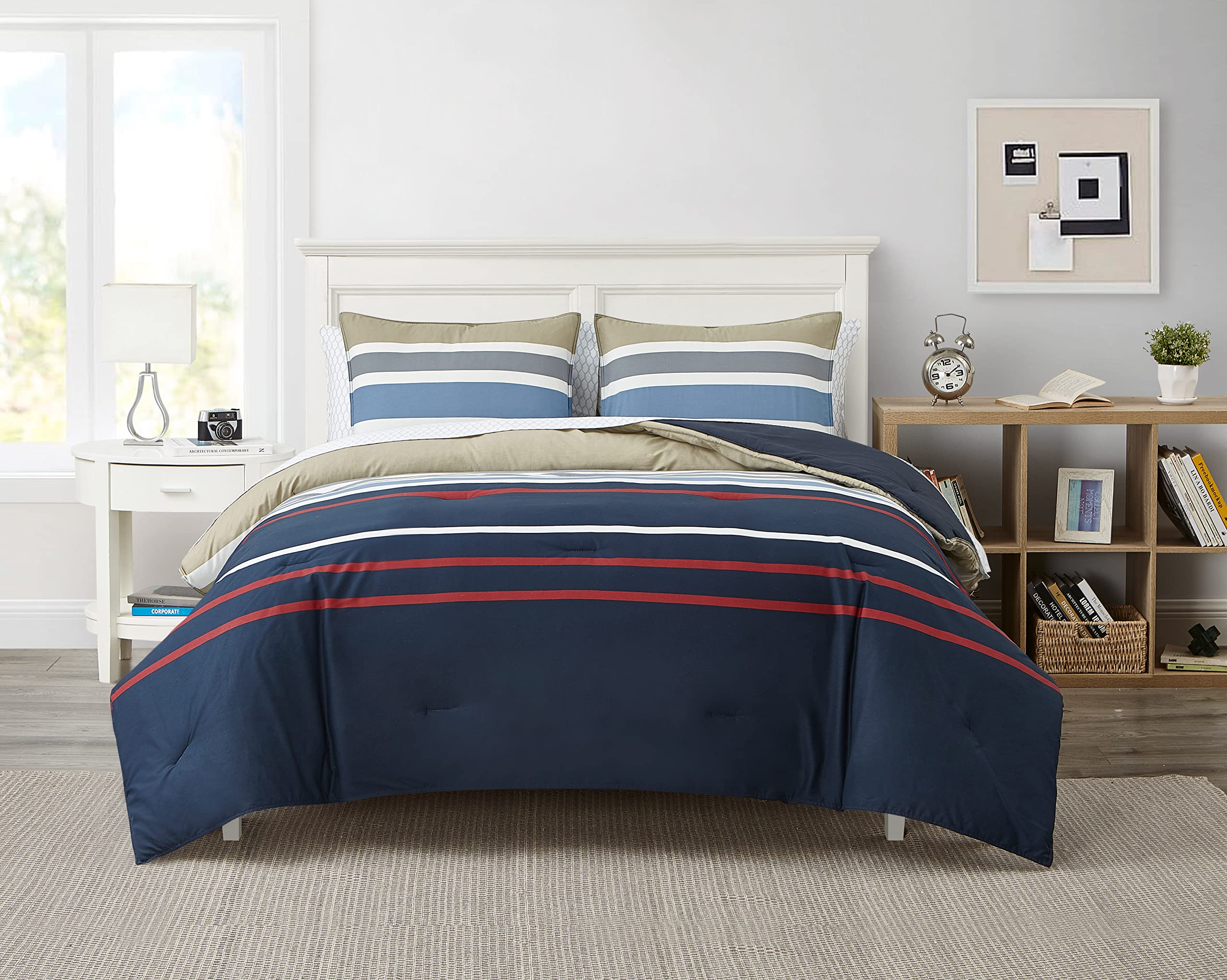 Nautica - King Size Comforter Set, Cotton Reversible Bedding With Matching Shams, Stylish Home Decor (Bradford Navy/Kahki, King)