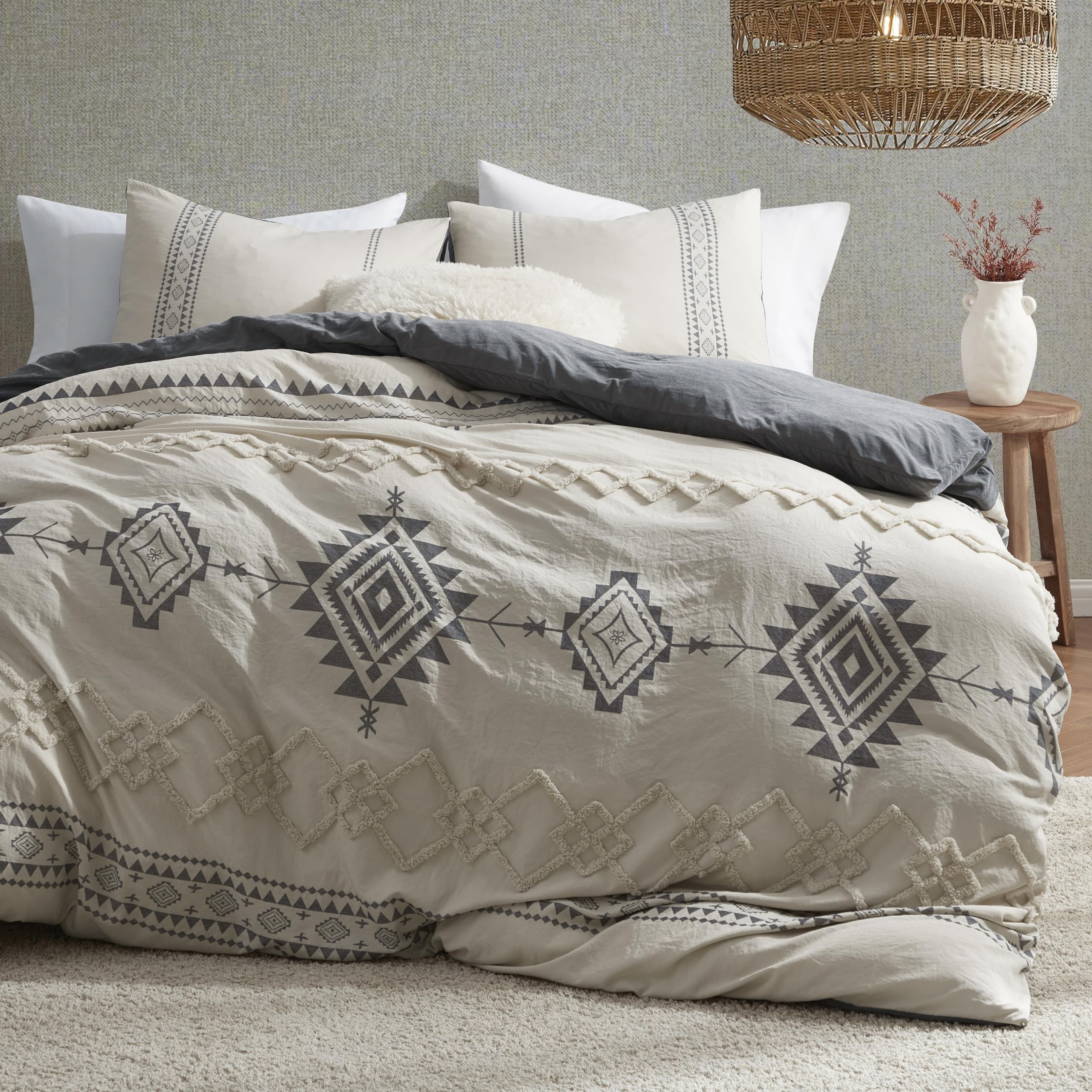 Oli Anderson Boho Duvet Cover Set King Size, Beige And Gray Color Clash 3 Pieces Microfiber Bedding Set, Durable And Super Soft