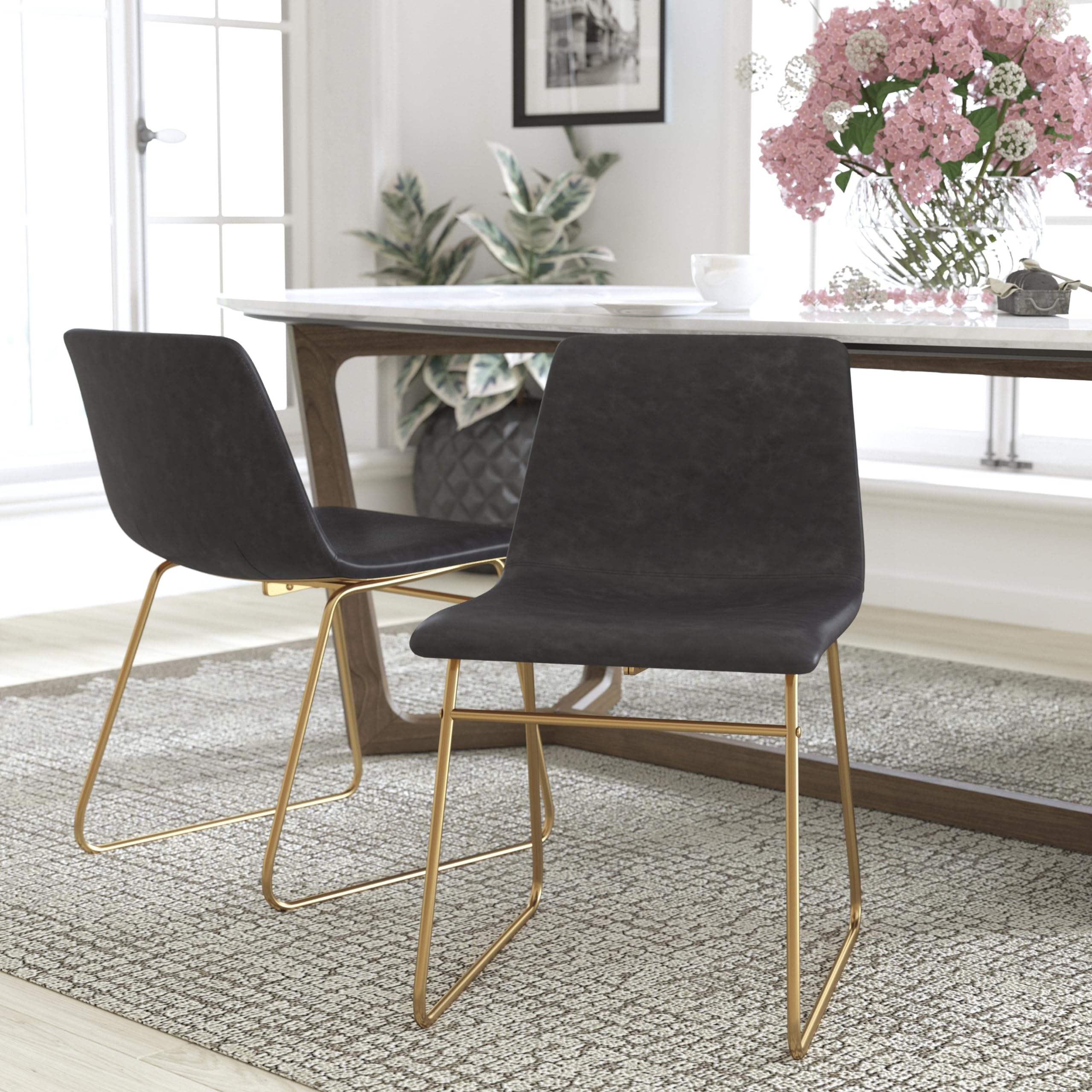 Flash Furniture Butler 18&quot; LeatherSoft Dining Table Height Chairs, Mid-Century Modern Bucket Style Dining Chairs, Set of 2, Dark Gray/Gold