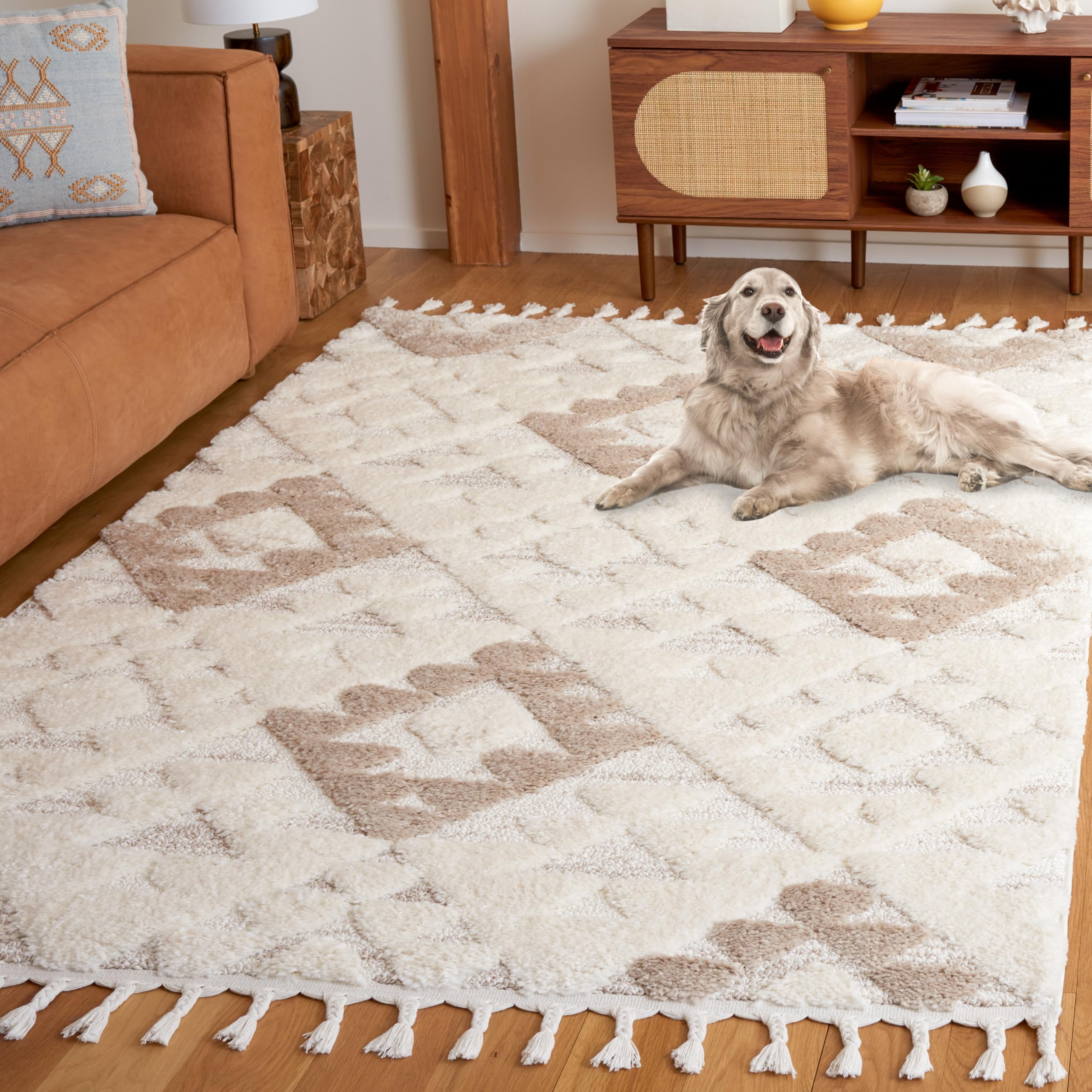 Safavieh Moroccan Tassel Shag Collection Area Rug - 8 x 10, Ivory & Beige, Contemporary Design, Ideal for High Traffic Areas i