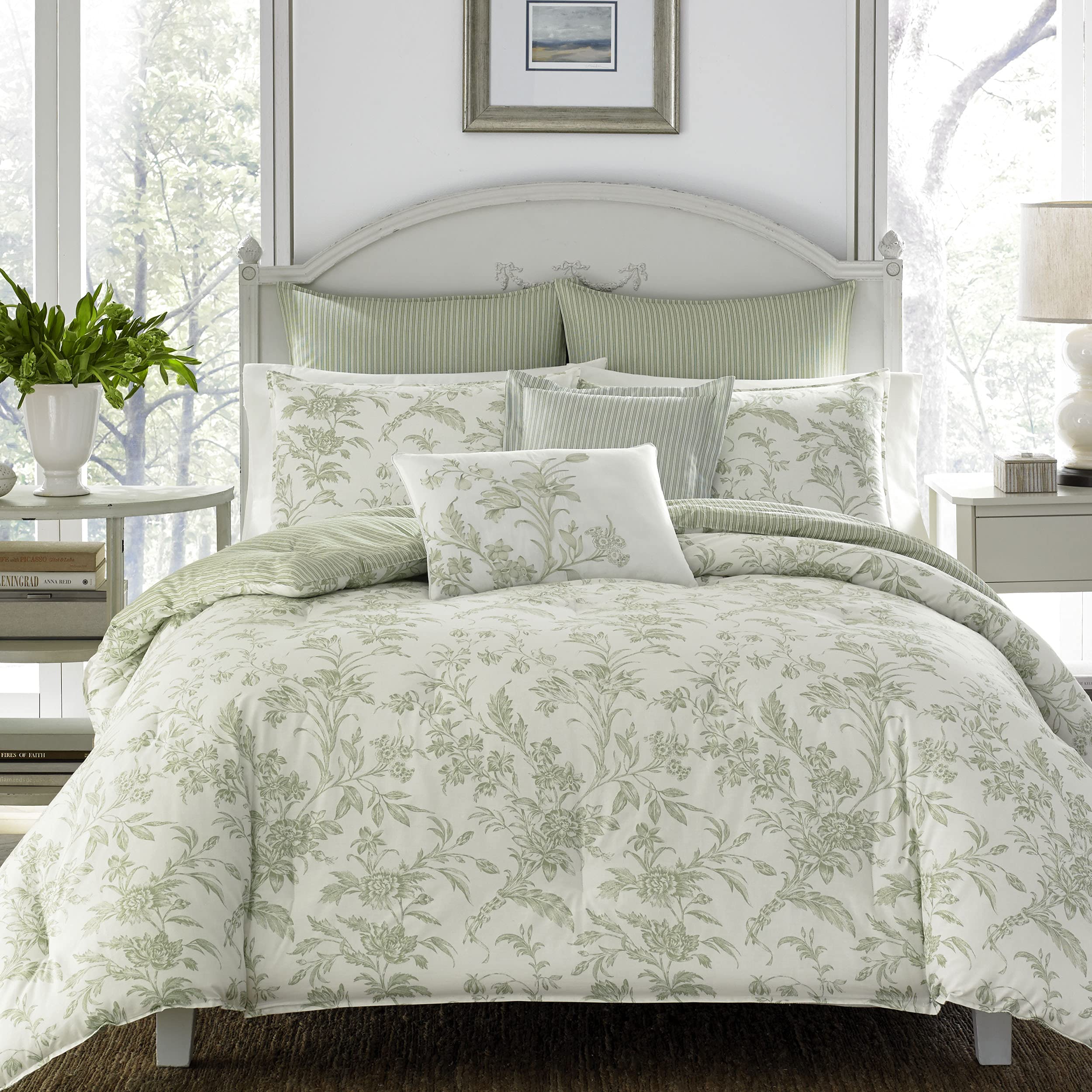 Laura Ashley Home - King Size Comforter Set, Reversible Cotton Bedding, Includes Matching Shams With Bonus Euro Shams & Throw Pi