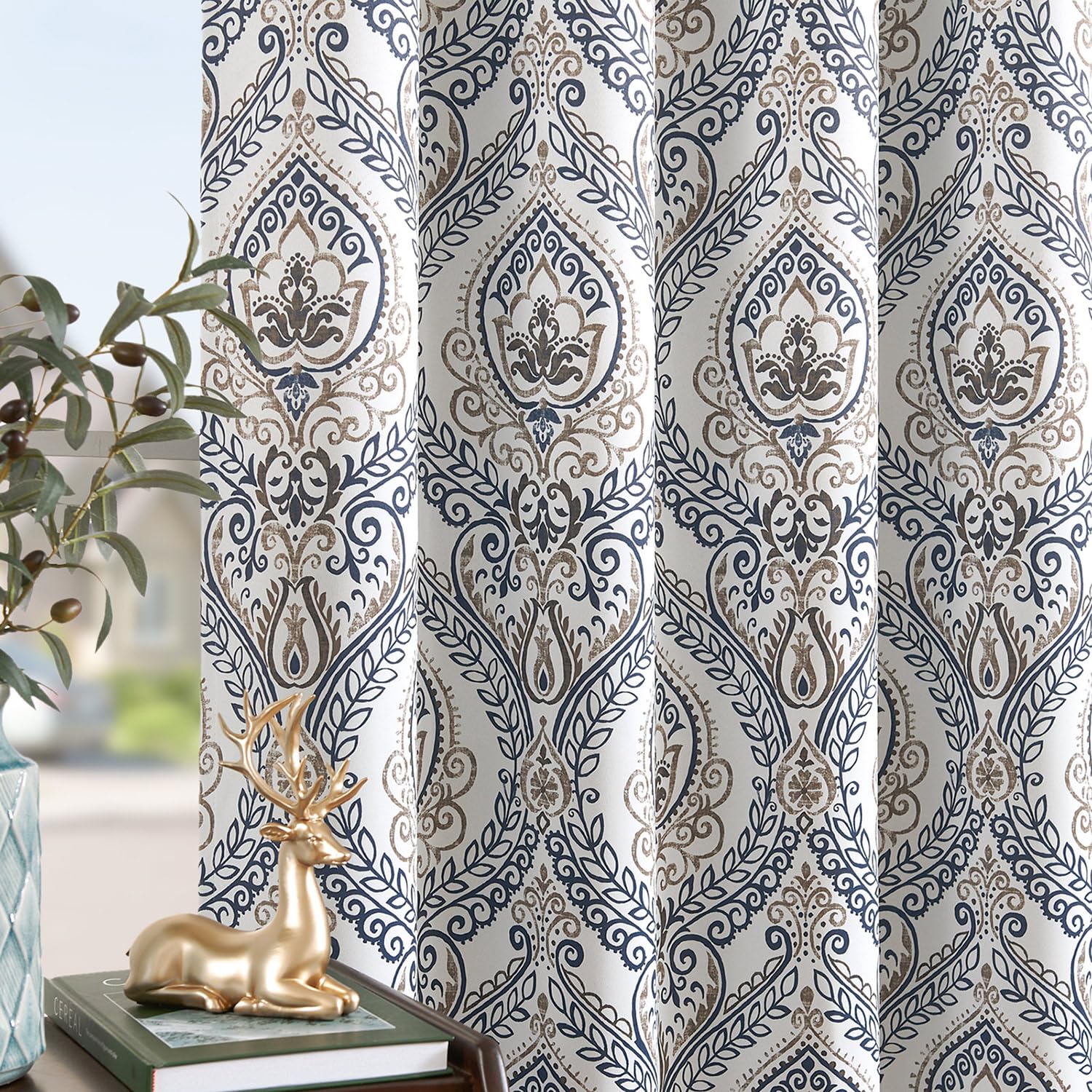 Jinchan 100% Blackout Curtains 84 Inches Long Blue Damask Medallion Curtains For Bedroom Black Out Curtains Printed Vintage Luxury Curtains Grommet Top Window Treatments Drapes Set 2 Panels