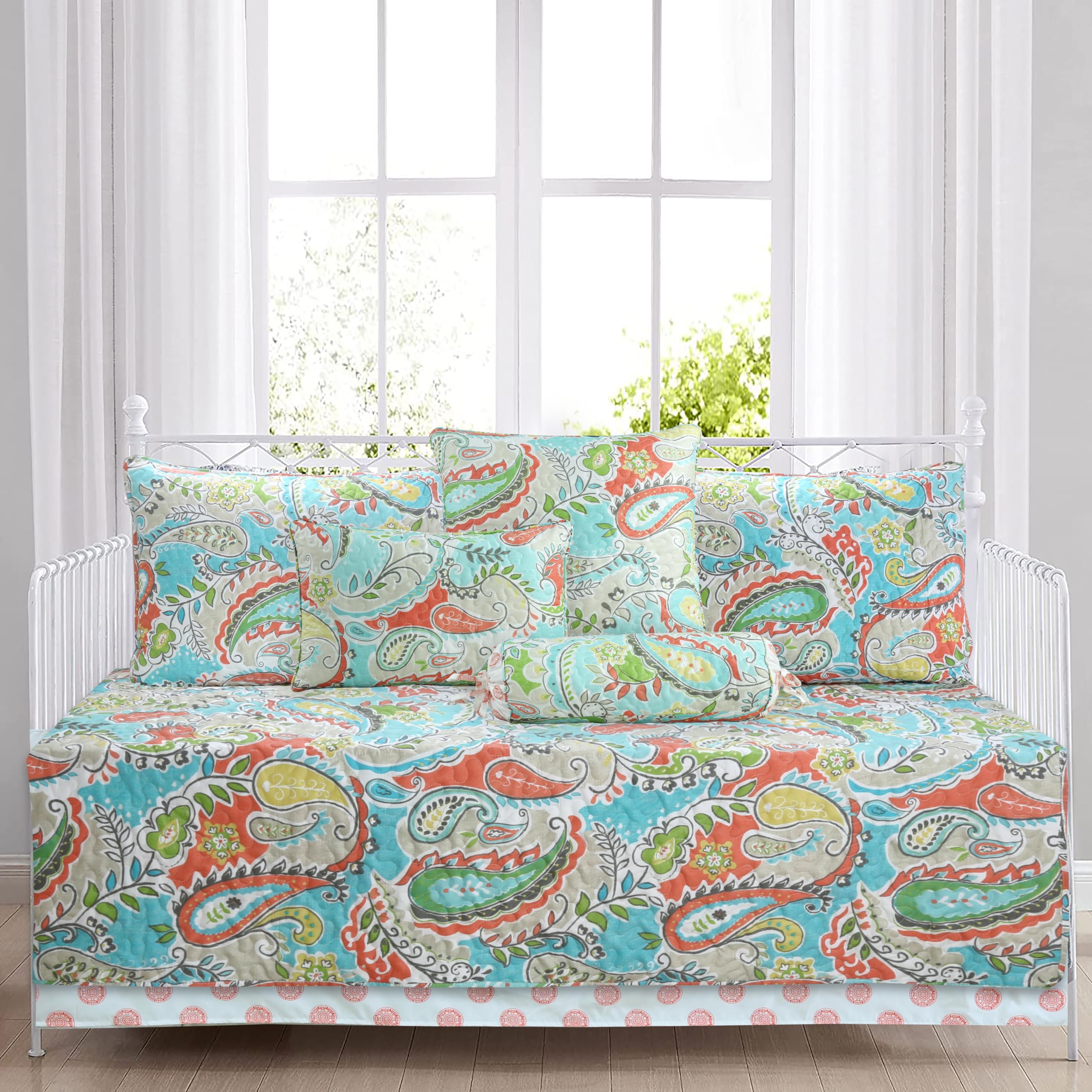 Cozy Line 7 Piece Daybed Cover Set - Mirage Paisley Turquoise Blue Coral Floral Leaf Reversible All Season Luxury Bedding With B