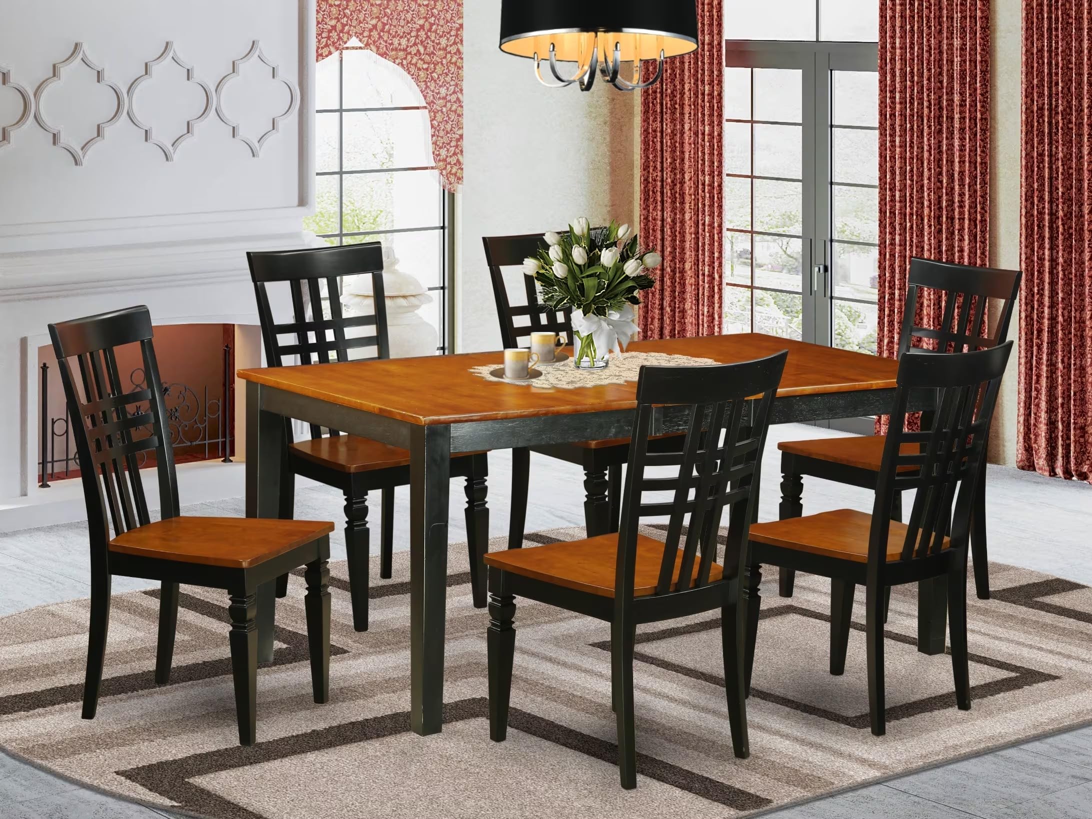 East West Furniture NILG7-BCH-W 7 Piece Set Consist of a Rectangle Dining Room Table with Butterfly Leaf and 6 Wood Seat Chairs, 36x66 Inch, Black & Cherry