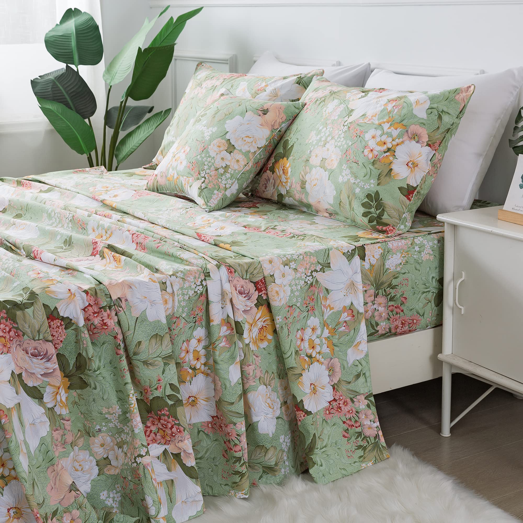Fadfay Sheets Set King Floral Sheets 100% Cotton Elegant Farmhouse Bedding Mint Green Leaves And White Flower Printed Bed Sheet