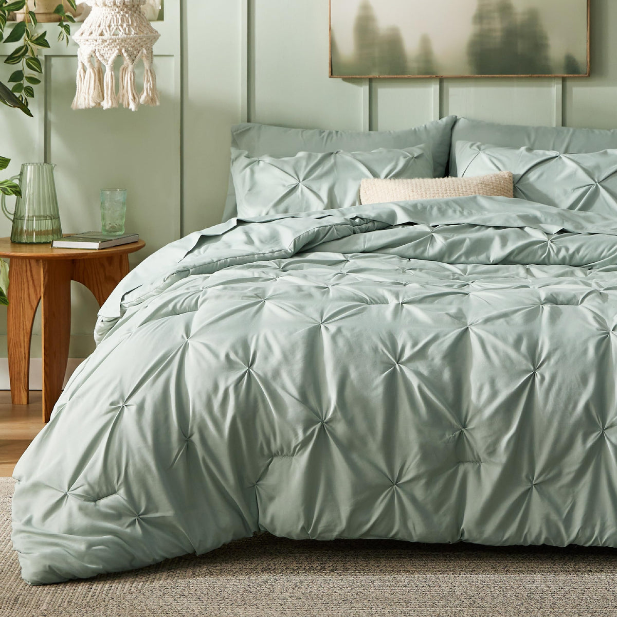 Bedsure Green Comforter Set Queen - Bed In A Bag Queen 7 Pieces, Pintuck Beddding Sets Green Bed Set, Spring Bedding With Comfor