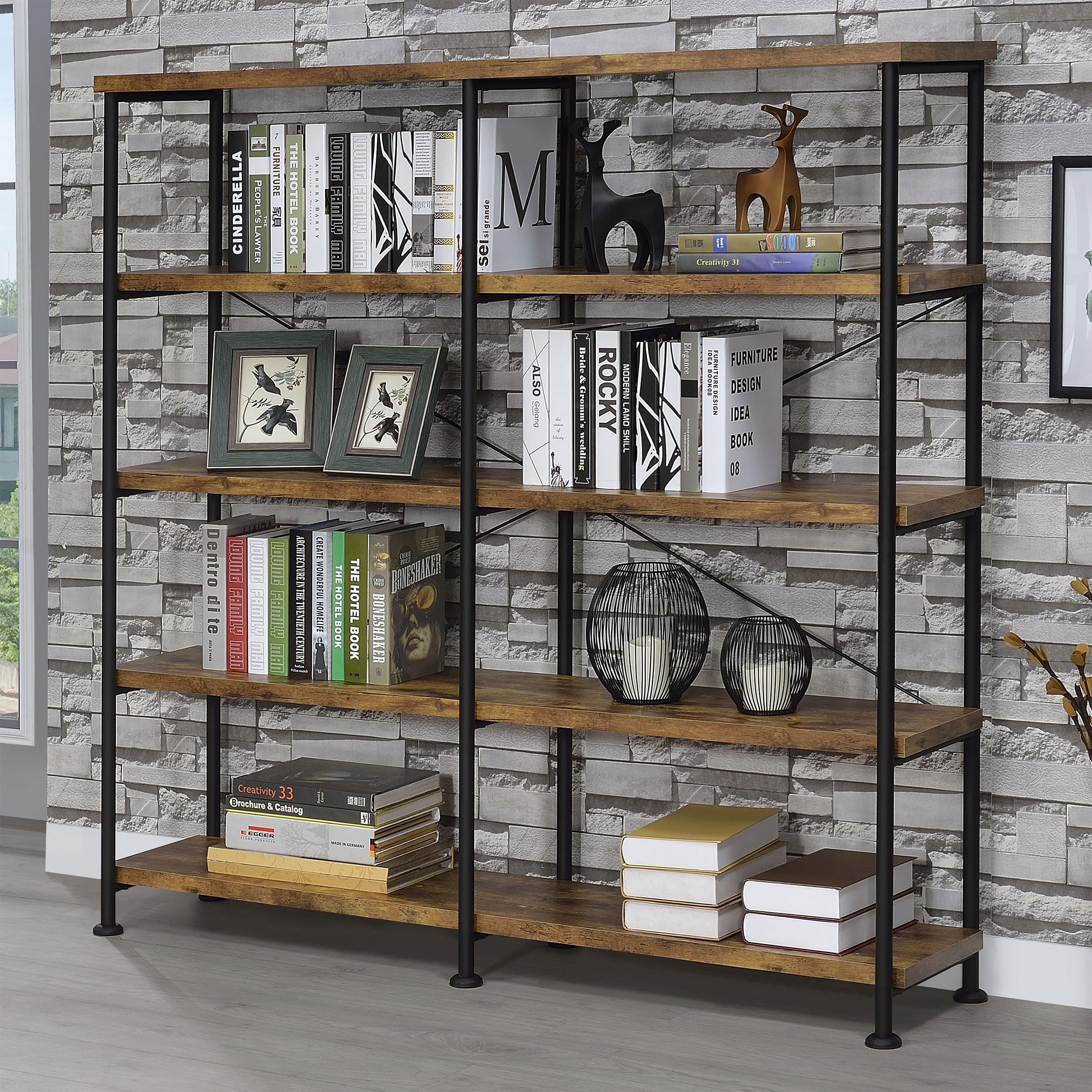 Coaster Home Furnishings Analiese Rustic Industrial 4-Tier Double Bookcase Etagere Bookshelf Office Storage Book Shelf Engineered Eco-Friendly Wood Laminate Sturdy Black Steel Rustic Nutmeg 801543