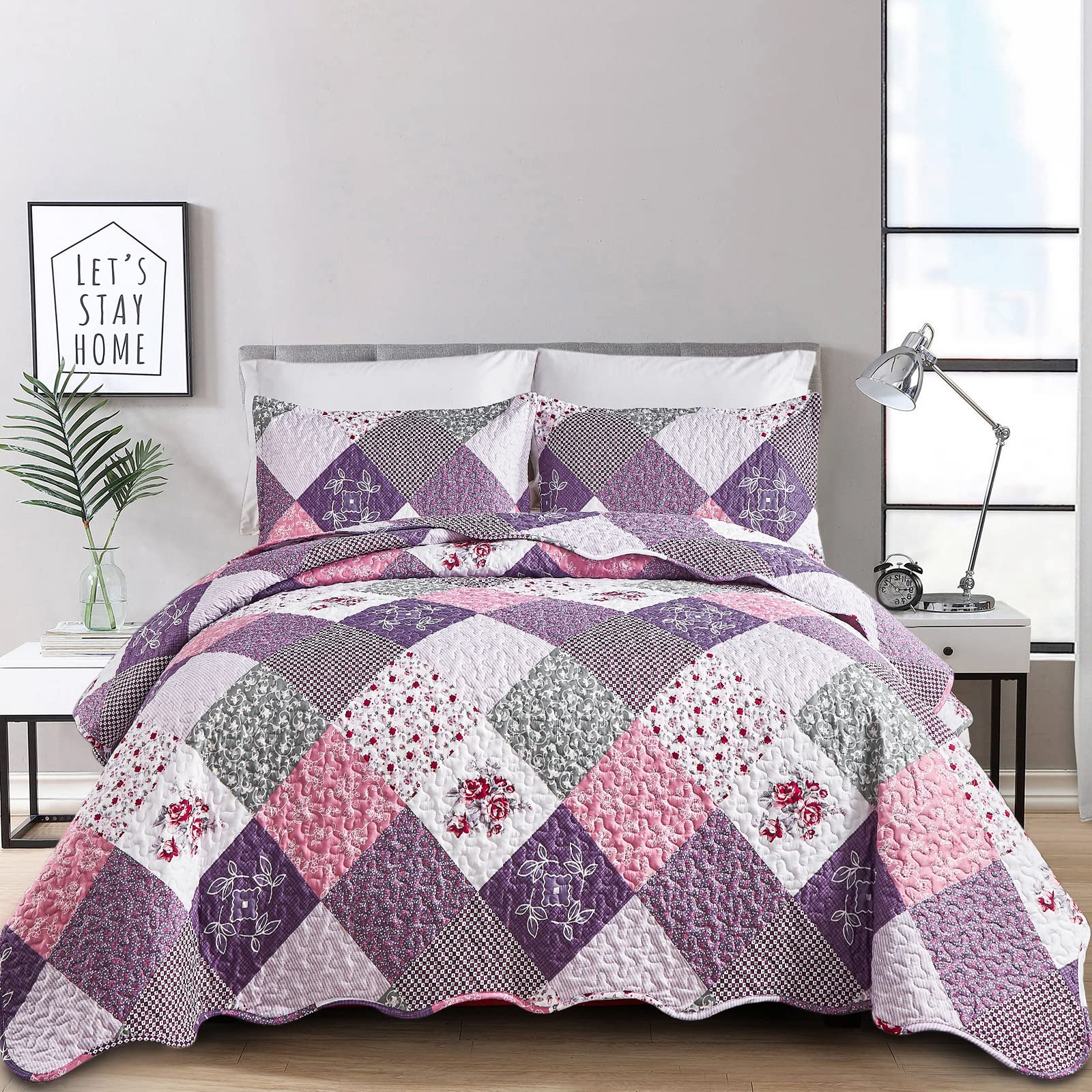 Dinjoy Purple Quilt Set King Size, Reversible Floral Plaid Patchwork Pattern Bedding Set Soft Microfiber Lightweight Bedspread C