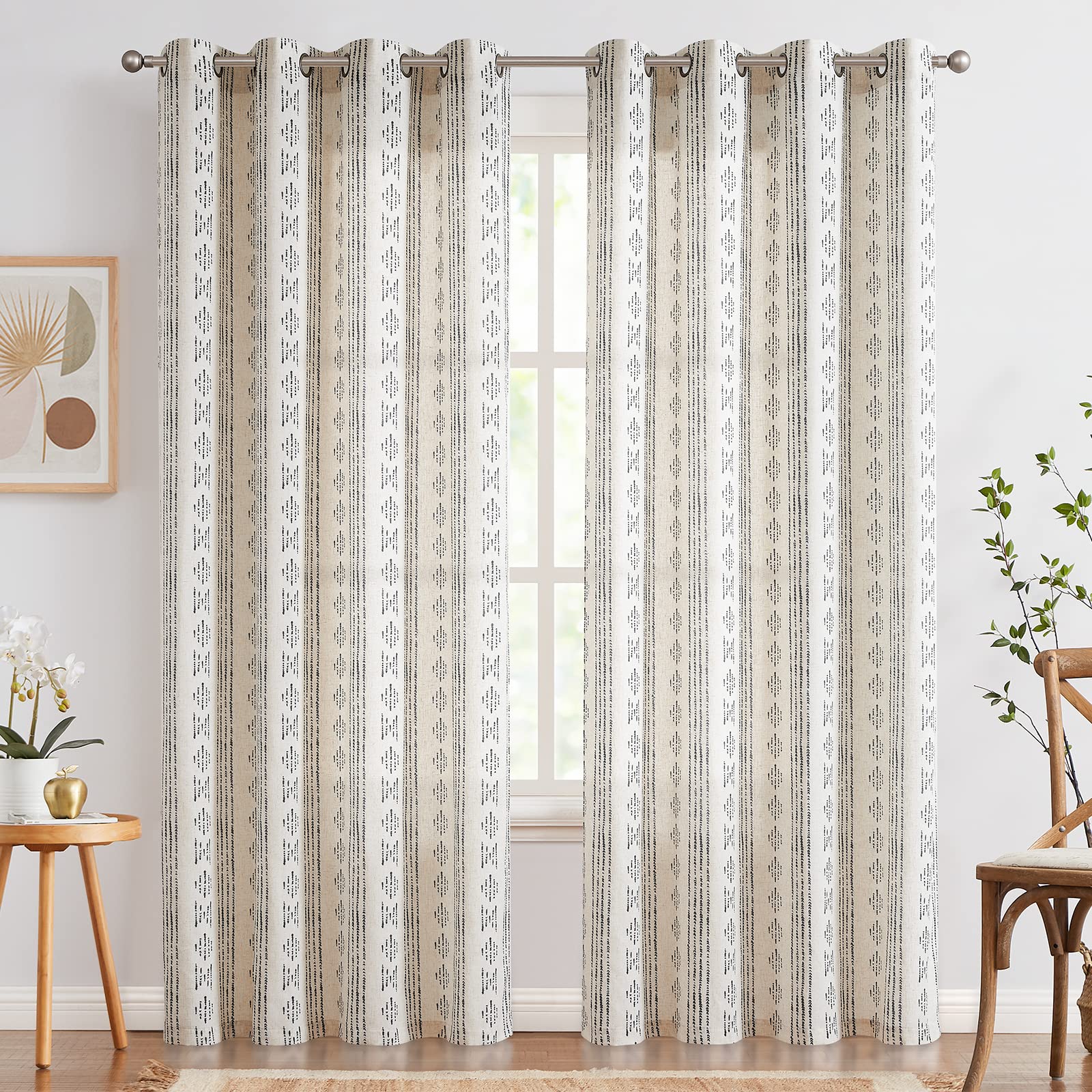Jinchan Boho Curtains Linen Curtains For Living Room Black Farmhouse Curtains 108 Inch Length Geometric Striped Mudcloth Grommet Country Curtains 2 Panels Black On Beige