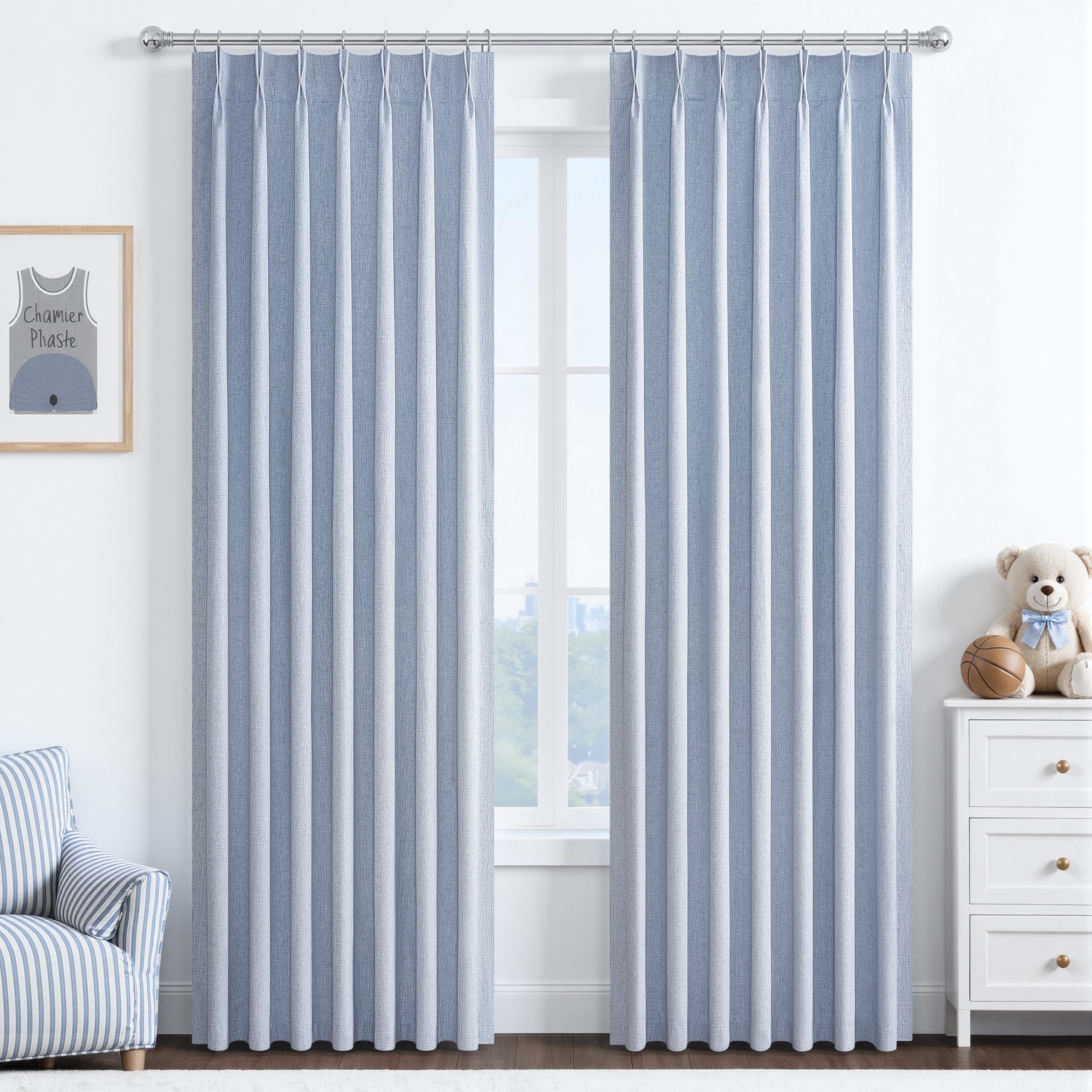 DustyBlue 84 Inches Blackout Curtains Length for Kids/Boys Rooms, Pinch Pleated Drapes with Hooks Viral Linen Thermal Coastal Cu