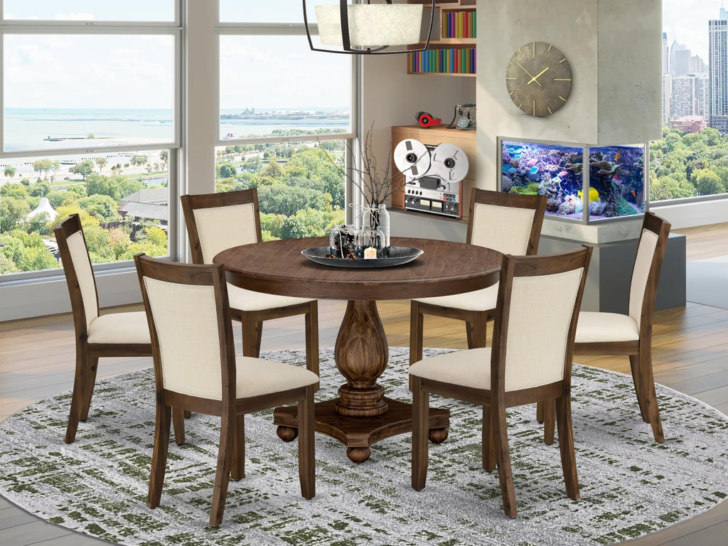 East West Furniture F2MZ7-NN-32 7 Piece Kitchen Table Set Consist of a Round Dining Table with Pedestal and 6 Light Beige Linen Fabric Parson Chairs, 48x48 Inch, Sandblasting Antique Walnut