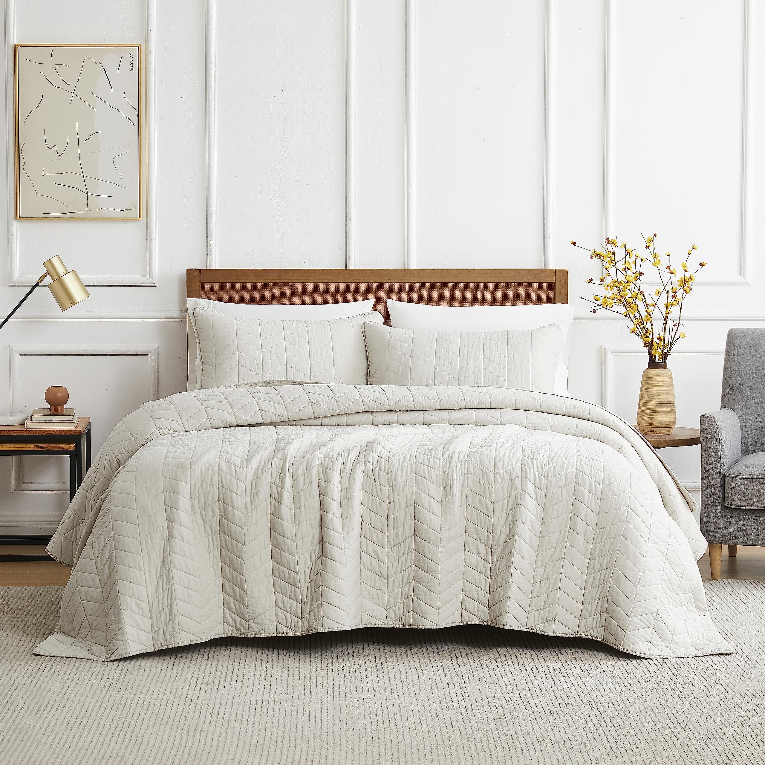 Beige 100% Cotton Quilt California Cal King Size Bedding Sets With Pillow Shams, White Oversized Lightweight Soft Bedspread Cove
