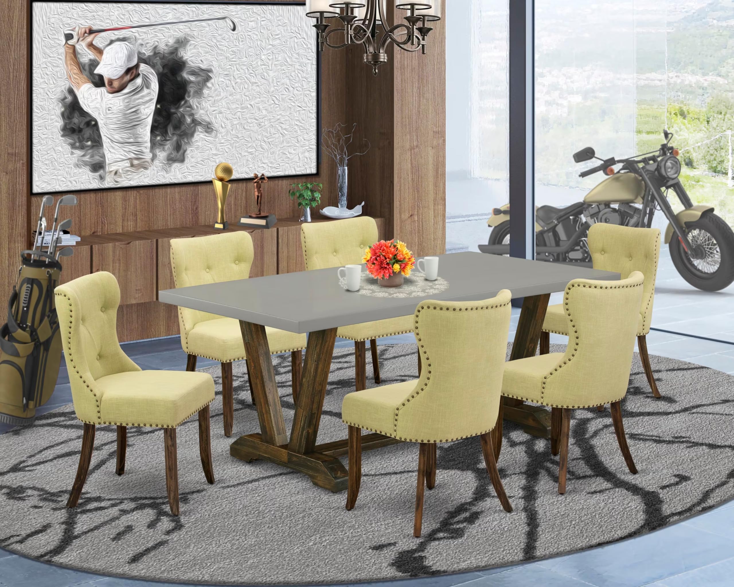 East West Furniture V797Si737-7 7 Piece Dining Table Set Consist Of A Rectangle Dining Room Table With V-Legs And 6 Limelight Linen Fabric Parsons Chairs, 40X72 Inch, Multi-Color