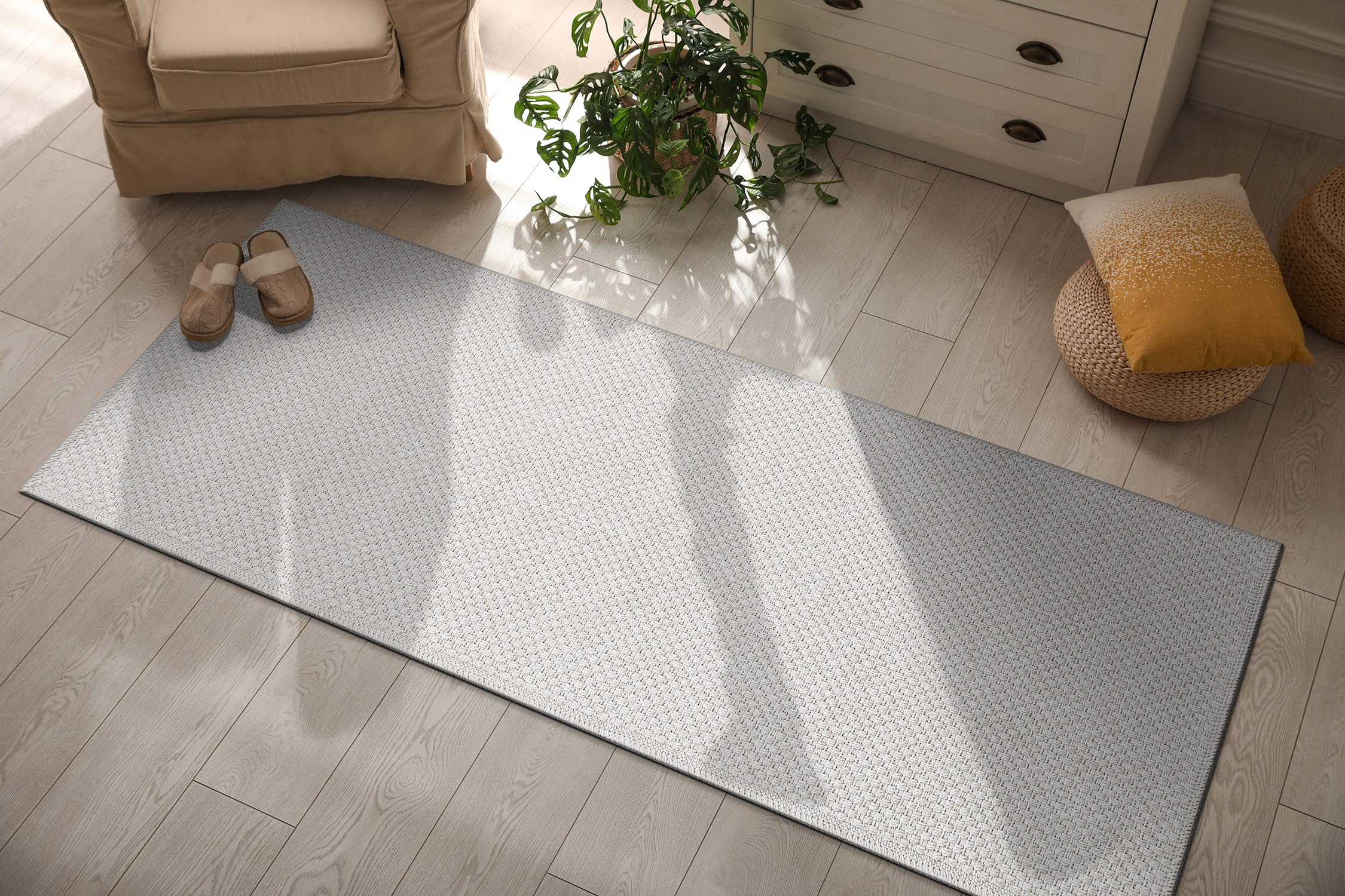 CAMILSON Indoor and Outdoor Runner Rug Off-White Solid Woven Design Easy-Cleaning Non Shedding Farmhouse Living Room Bedroom Gar