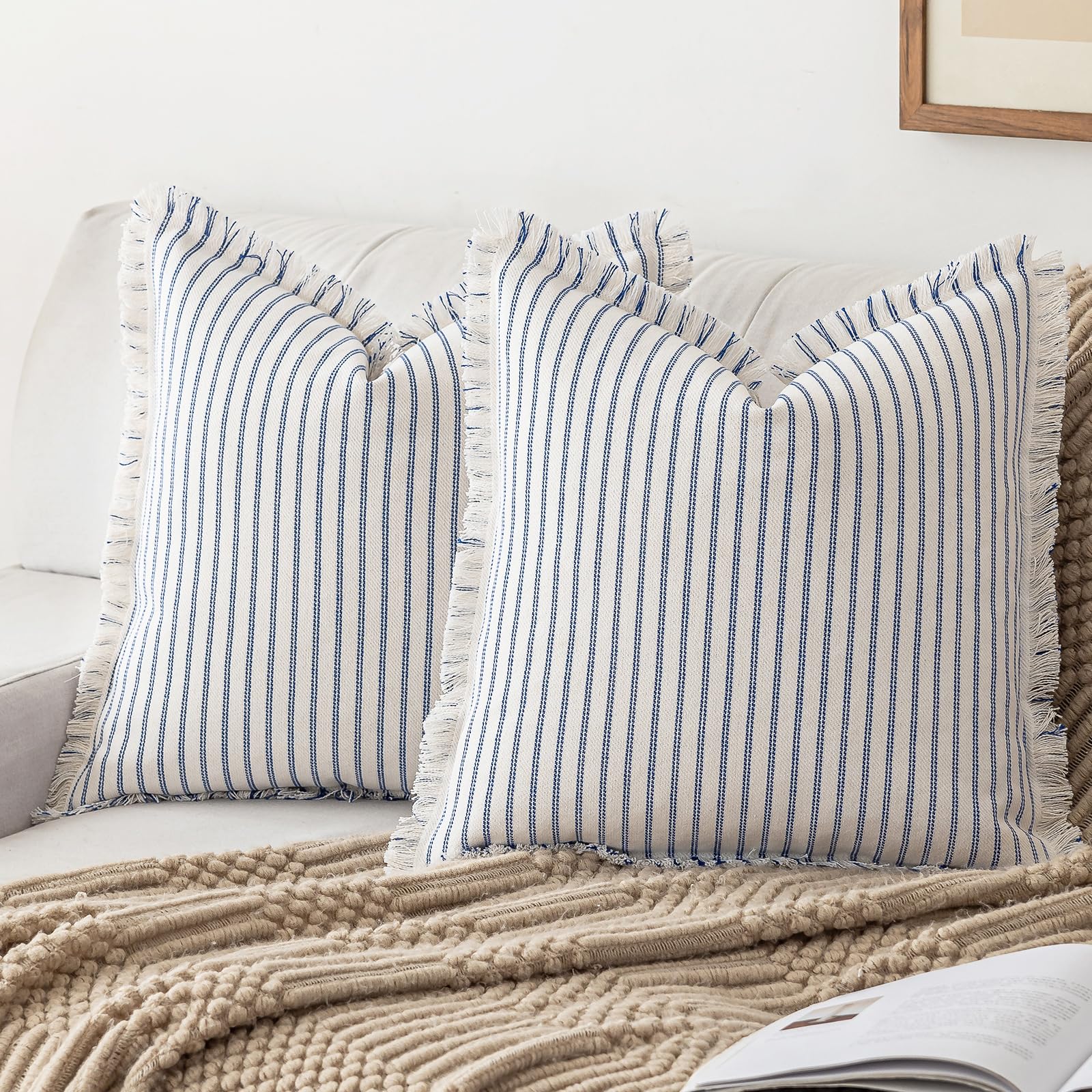 YEENAASY Striped Farmhouse Throw Pillow Covers 18X18 Set of 2 Boho Pillow Cover with Fringe Tassel Chic Cotton Decorative Pillow
